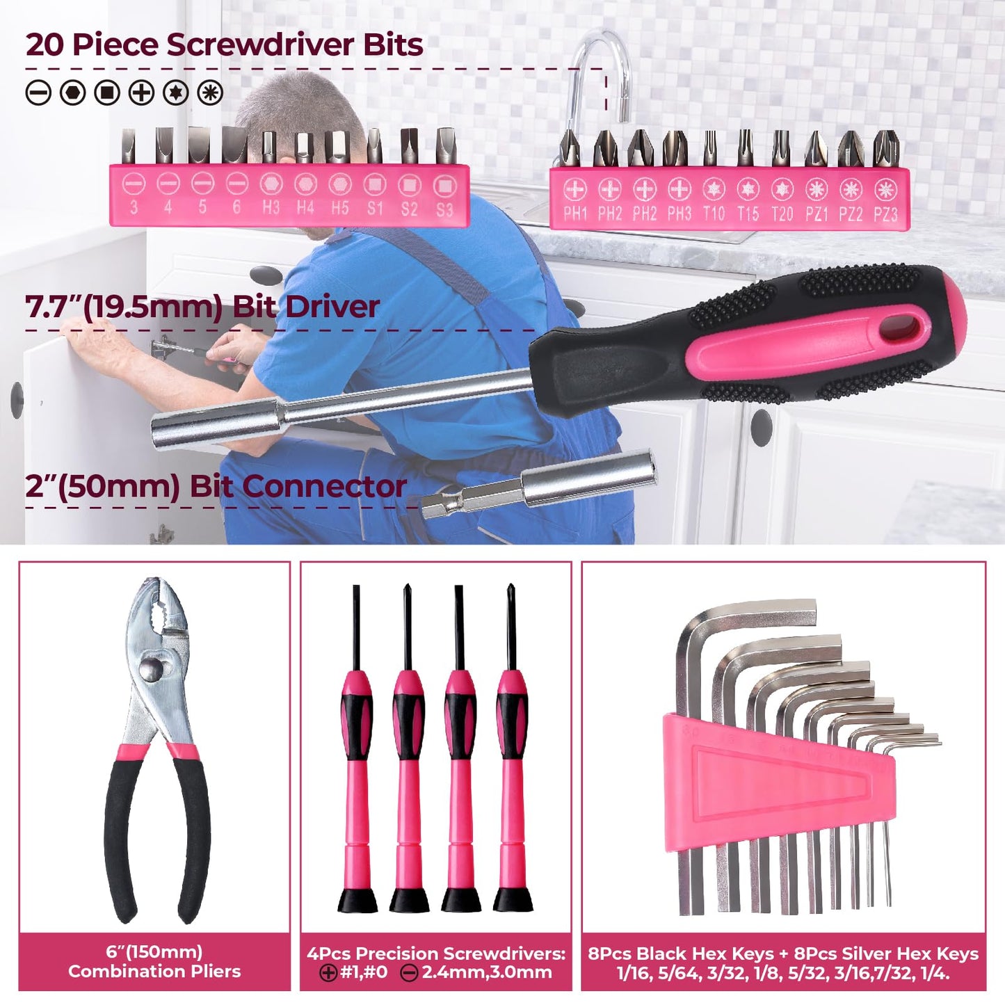 ABCY 39 Piece Basic Tool kit for Women, All Purpose Pink Tool ser Household Hand Tools with Toolbox for Home Repairs, College Dorm Essentials, DIY Crafts & Gifts
