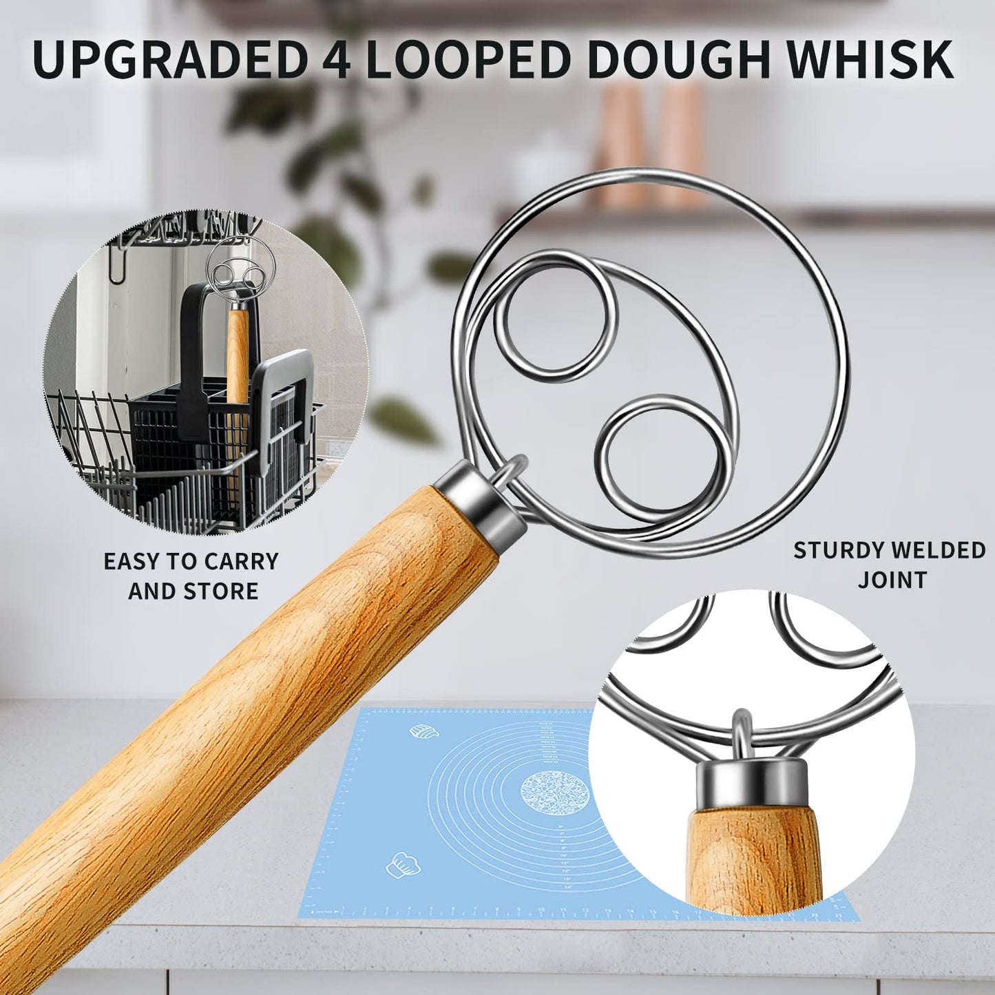 TEEVEA Danish Dough Whisk Stainless Steel Wooden Handle for Sourdough Pizza Bread Baking