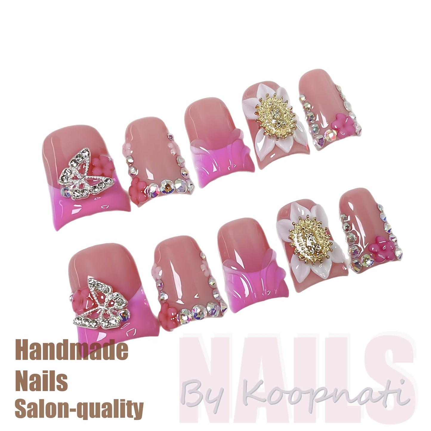 Handmade Press on Nails Short Duck Pink French Tip with 3D Design Fake Nail Art for Women S