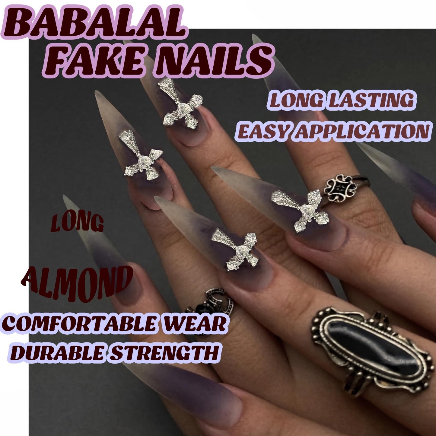 BABALAL Long Stiletto Press on Nails Almond Fake Nails Supplies Black Goth Nails Glue on 3D Metallic Cross Charm Acrylic Nails Y2k Thick False Nails Art 24Pcs Handmade Matte Artificial Nails Diy Nail