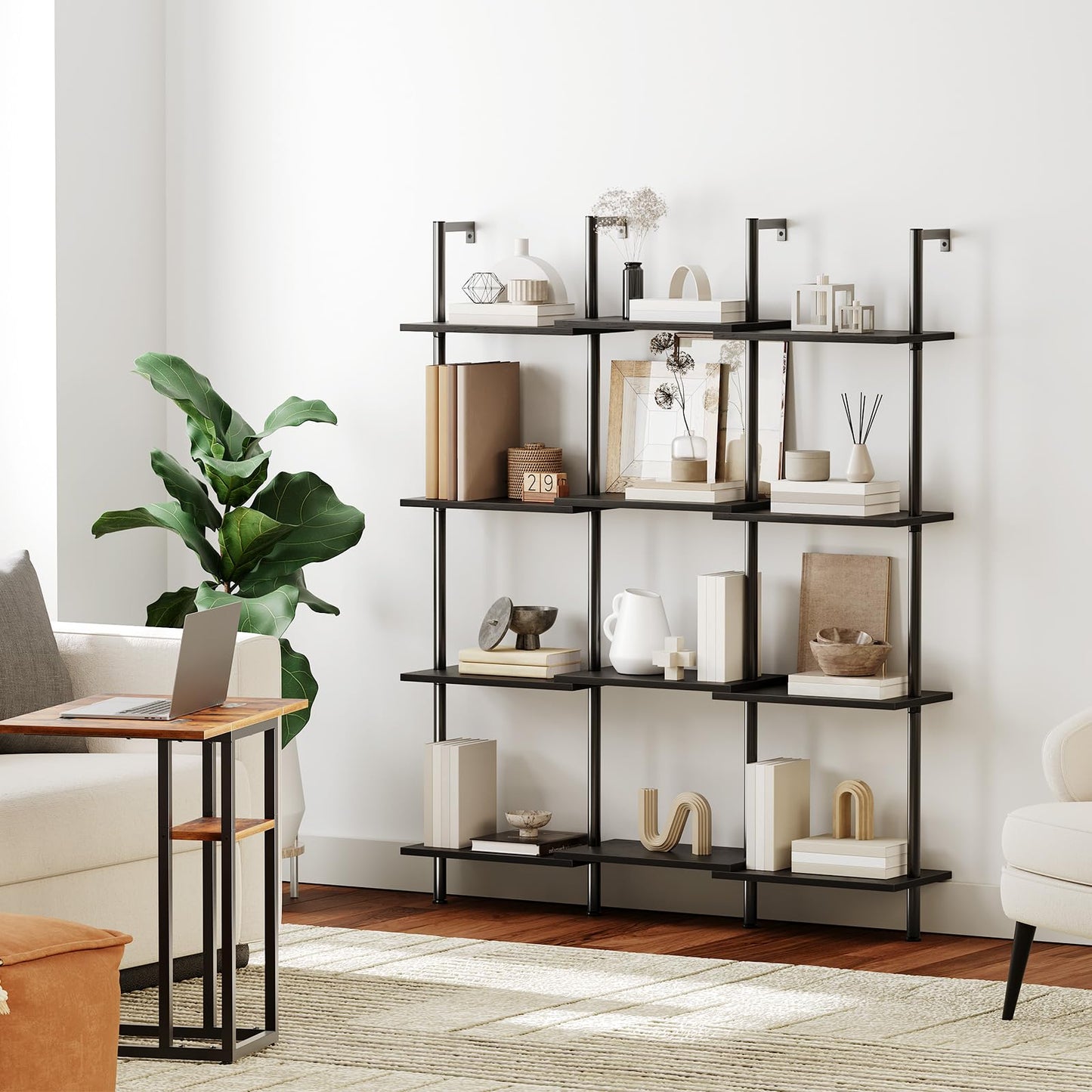 HOOBRO DIY Ladder Shelf, 6-Tier Wooden Wall Mounted Bookshelf, Narrow Bookcase, Display Shelf, Storage Rack, Plant Stand, for Living Room, Bedroom, Study, Balcony, Black BB651CJ01
