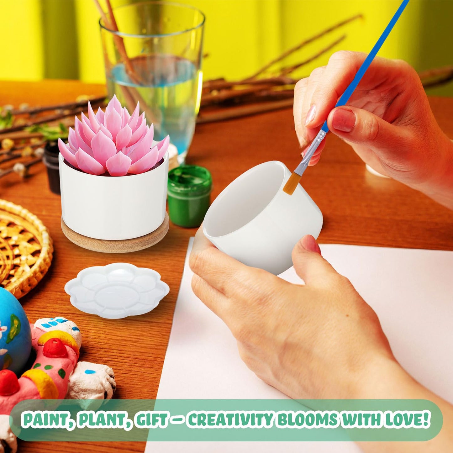 SiliFine 12 Sets DIY Ceramic Succulent Pots Painted Ceramic Flower Pots with Drainage Holes, Paints, Brushes, Palettes, Trays for DIY Event Adults Craft Birthday Gifts