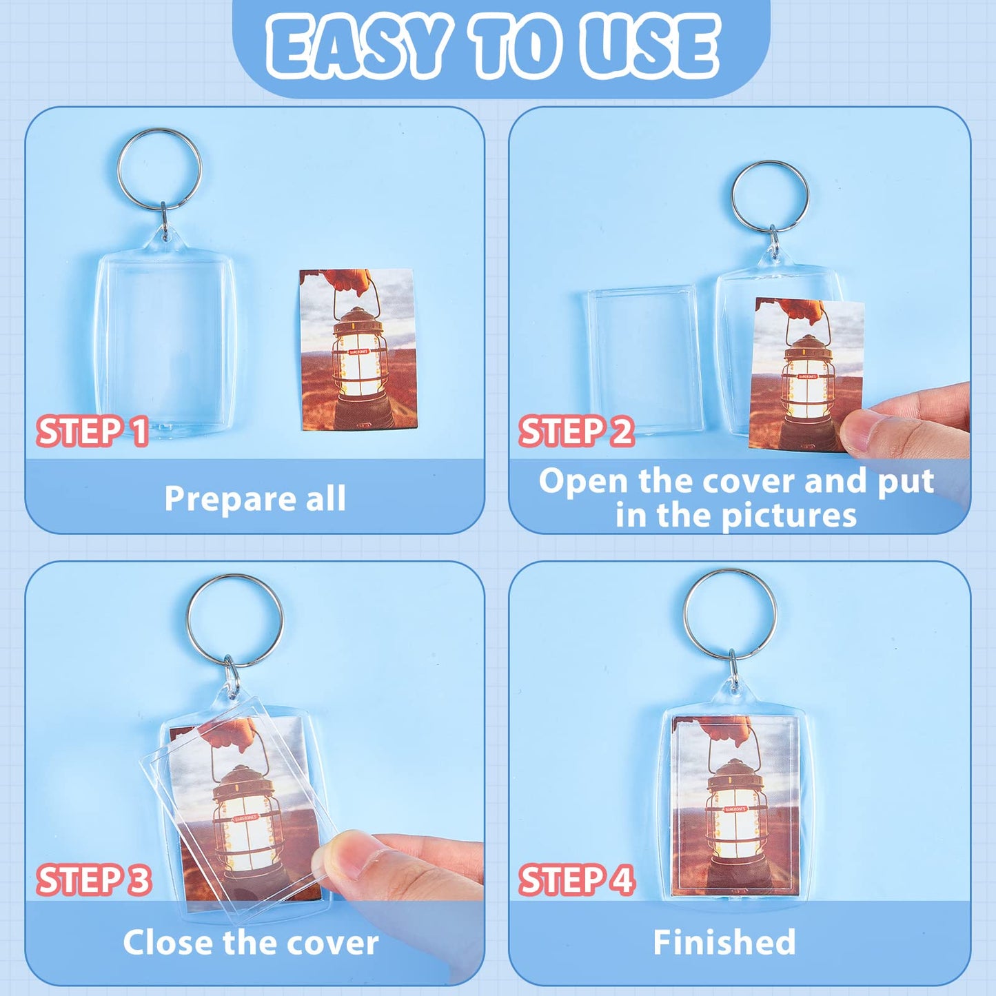 Junkin 500 Pcs 800 Pcs Acrylic Photo Frame Keyring 2.2 x 1.6 Inch Rectangle Clear Picture Keychains Bulk for DIY Crafts Family Gifts