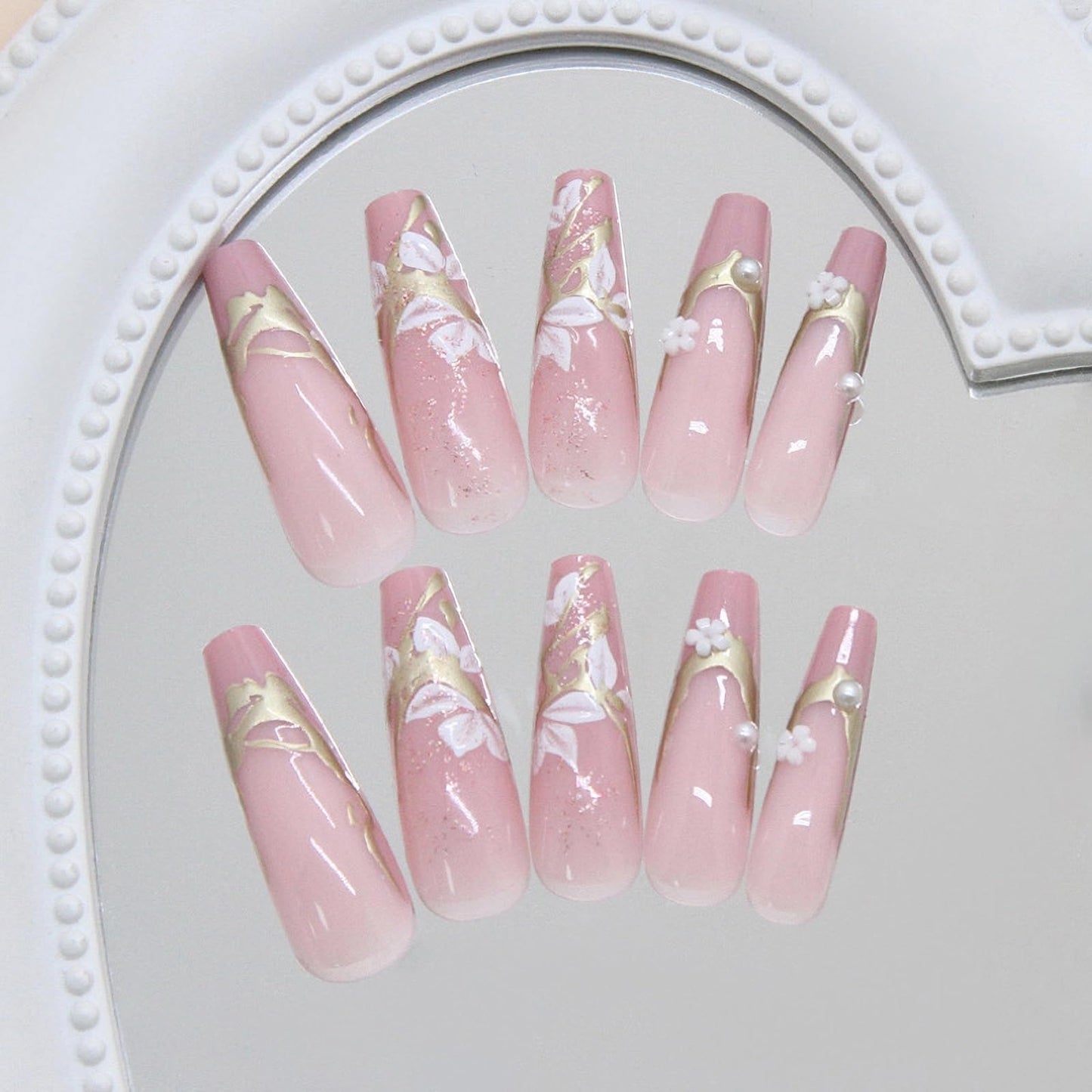 MISUD Press on Nails - Long Coffin Fake Nails with Pink Flower, Acrylic Gold Chrome Design 24 pcs