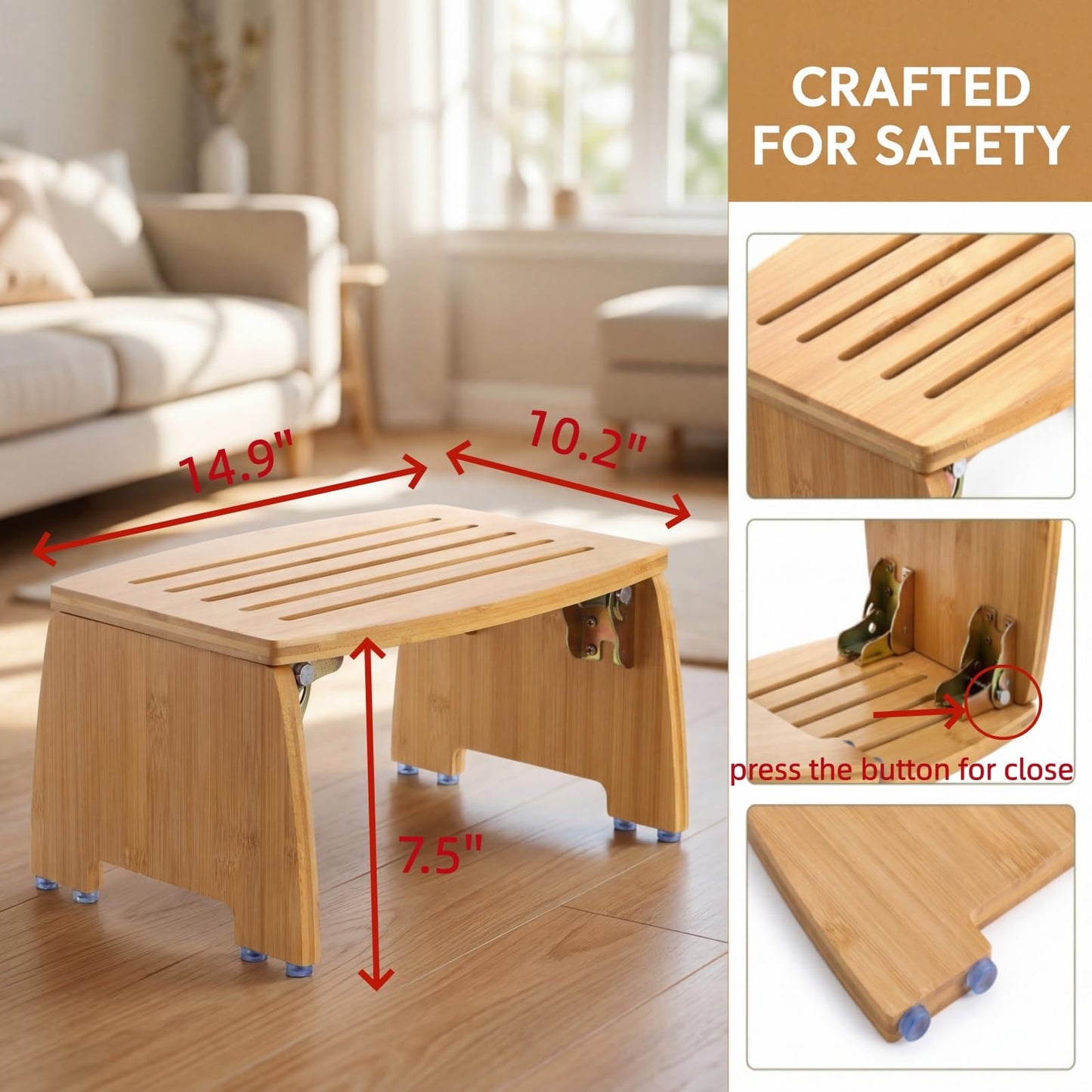 Lyellfe Bamboo Folding Step Stool, Non-Slip Leg Shaving Foot Rest Chair, Foldable One Step Stool for Home, Adults, Support up to 300lbs, Fully Assembled