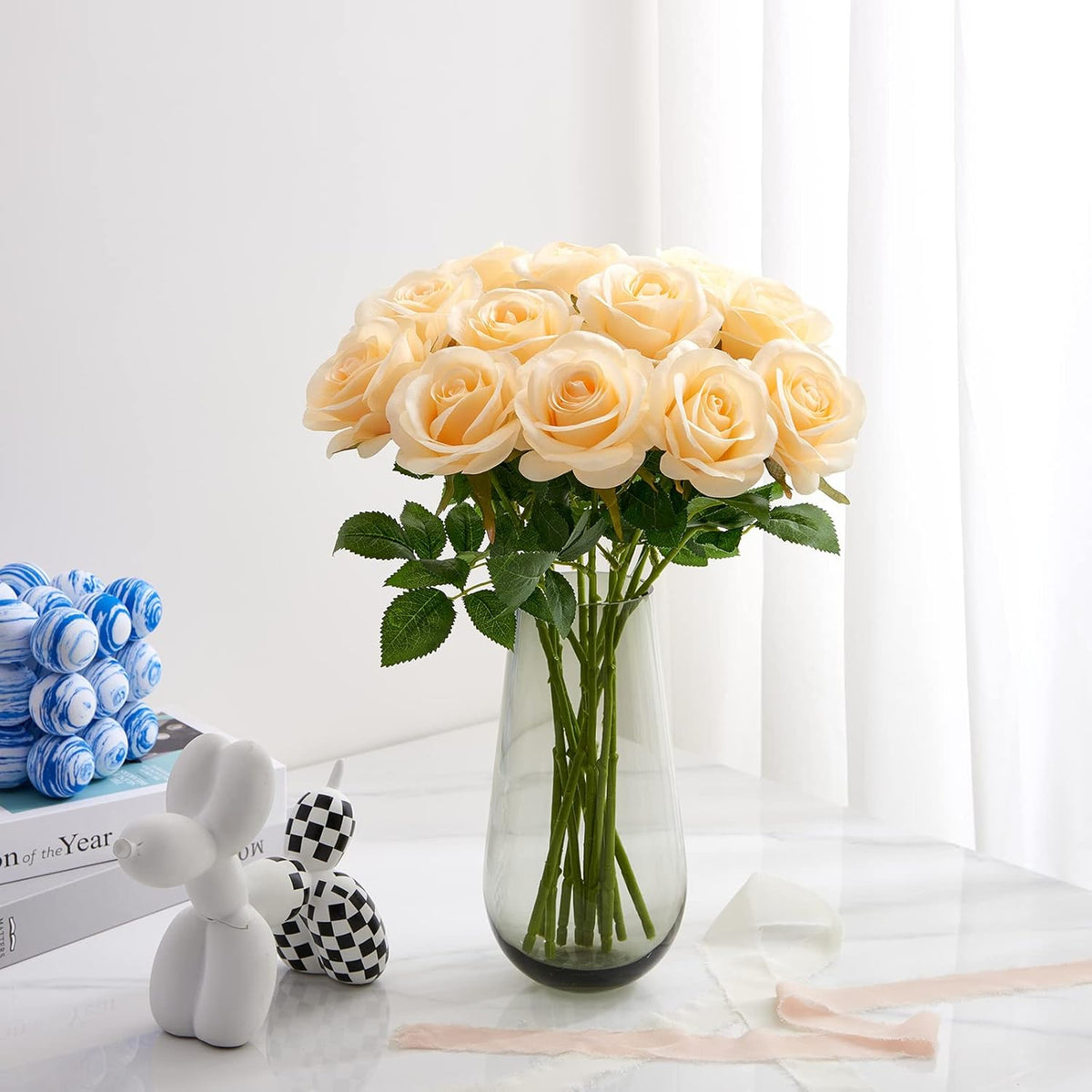 12pcs Champagne Roses Artificial Silk Flowers Faux Flowers with Long Stems for Wedding Decor Home Decor Baby Shower Party Centerpieces Decorations