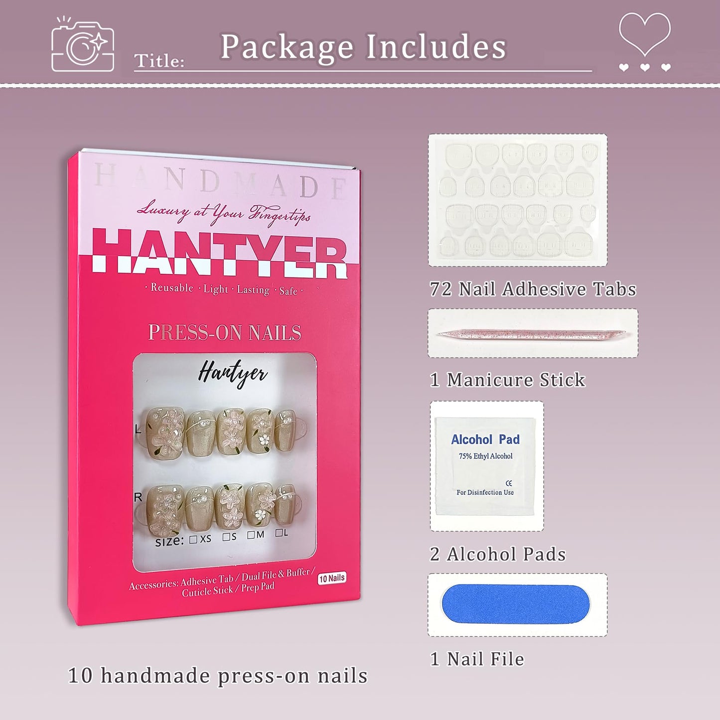 Hantyer Press on Nails | Short Coffin Fake Nails with Cat Eye Design, 3D Floral & Pearl Accents, False Nails with Icy Tea Glossy Finish, Reusable Handmade Nails in Sweet Style for Women(Size S)