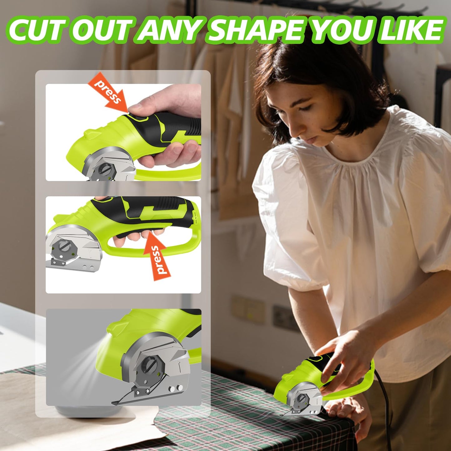 Cordless Electric Scissors, 4V Rechargeable Box Cutter & Cardboard Cutter with LED Light, Safety Lock - Rotary Cutter for Fabric, Leather, Carpet, Plastic, Crafting, Sewing with Storage Box (Green)