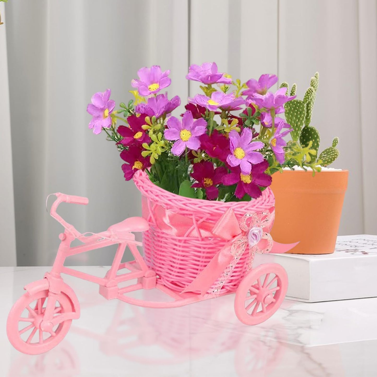 Bicycle Artificial Woven Flower Basket Tricycle Planter Decorative Nostalgic Plant Rack Flower Stand for Birthday Home Decor (Pink)