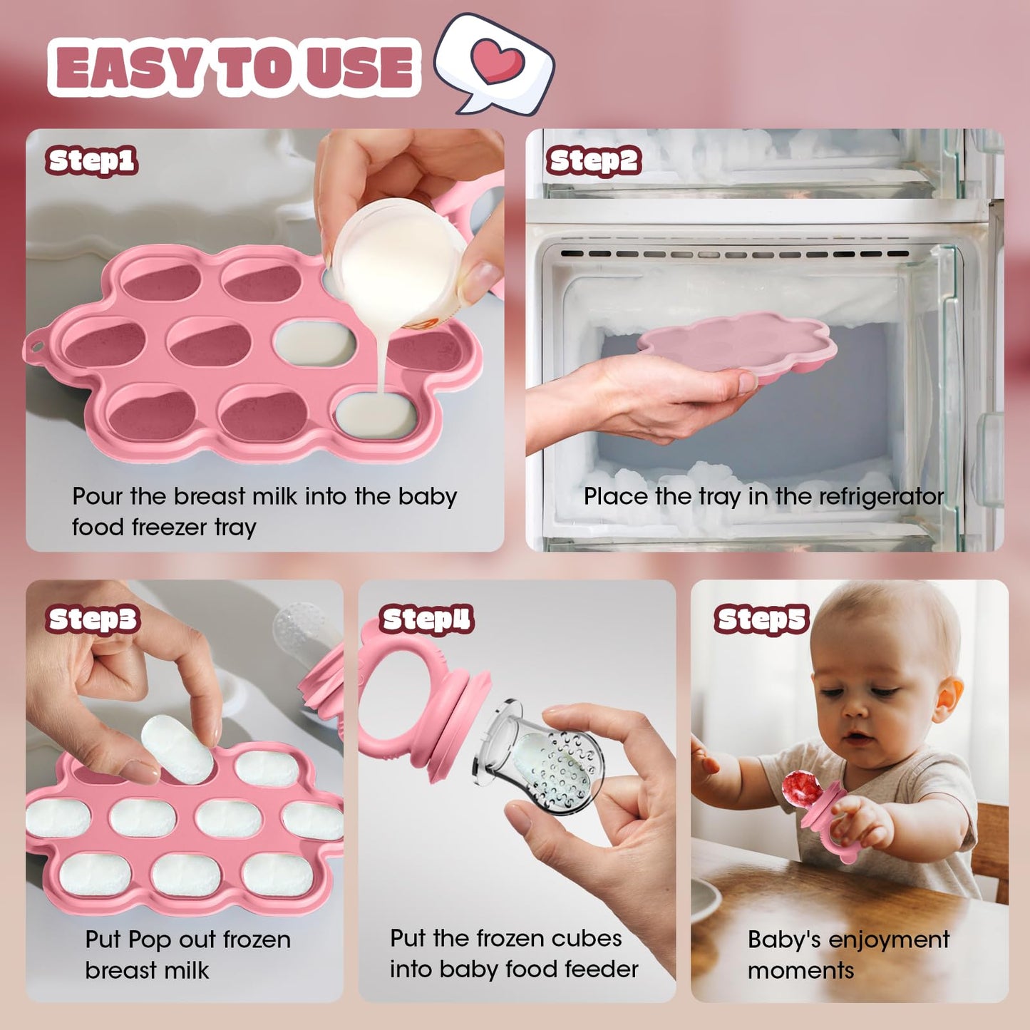 Baby Food Feeder Set, 2 Packs Fruit Feeder & Breastmilk Popsicle Molds Freezer Tray with Lid, Silicone Fruit Feeder to Teething Relief, Introduce New Foods, Baby Feeding Essentials(Red+Beige)