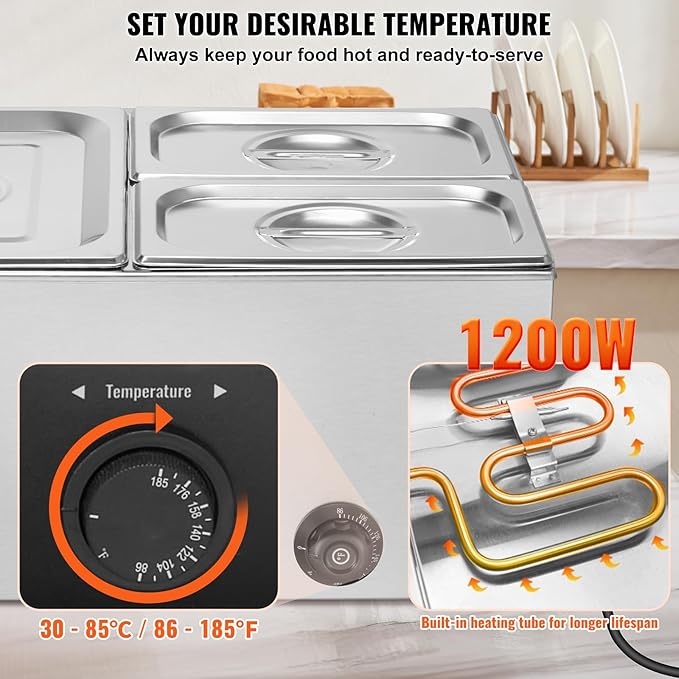 VEVOR 3-Pan Commercial Food Warmer, 17QT Electric Steam Table, 1200W Professional Countertop Stainless Steel Buffet Bain Marie with 86-185°F Temp Control for Catering and Restaurants, Silver