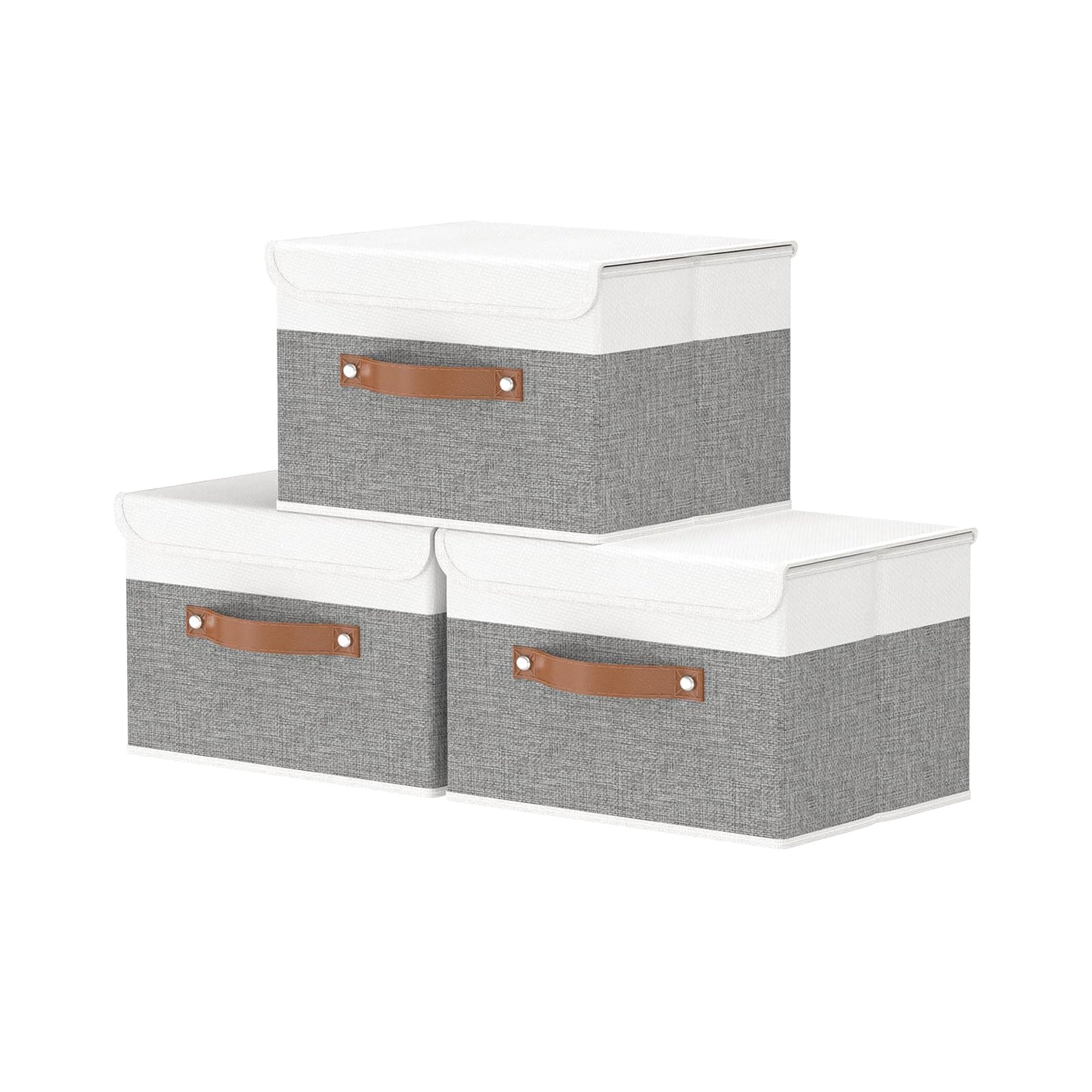 OUTBROS Storage Boxes, Collapsible Storage Bins with Lids, Cotton and linen cloth Storage Baskets with Handle, for Books, Closet, White/Grey, 3 Pack 10.2 x 7.9 x 6.7in