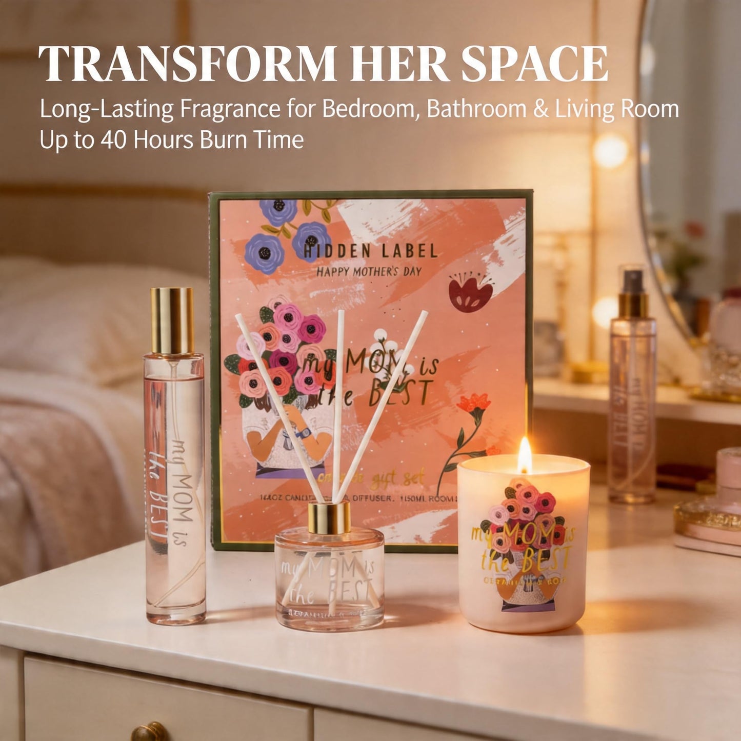 Hidden Label Soy Candle Set: Geranium & Rose 'Best Mom' Gift with Reed Diffuser & Room Spray