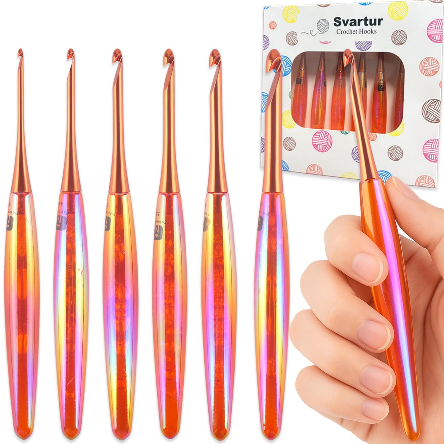 Svartur Ergonomic Crochet Hooks Set, 6 Sizes (3mm–8mm), Resin Comfort Grip Handles with Aluminum Hook Tips, Smooth Lightweight Crochet Needles for Beginners & Advanced Crafters