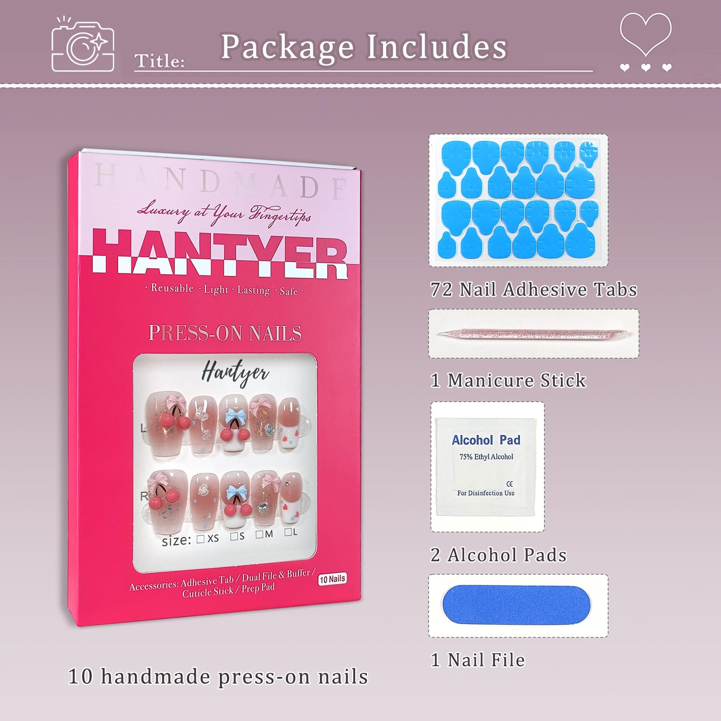 Hantyer 10pcs Sweet Style Press on Nails, Short Coffin Glossy Fake Nails, Pink French Tips with 3D Cherry & Bow Design, Reusable Easy to Apply False Nails for Women (Size M) ﻿