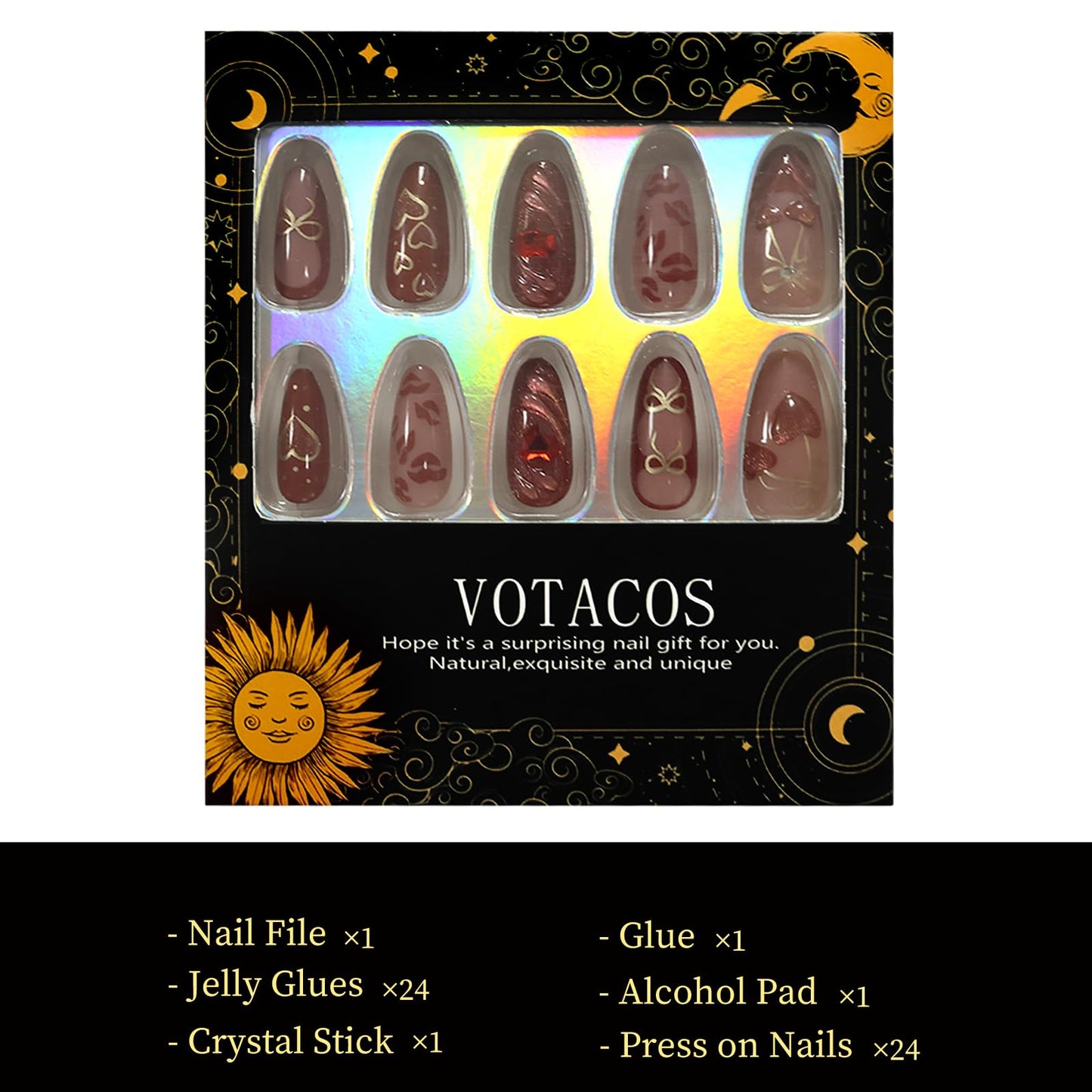 VOTACOS Cat Eye Red Press on Nails Almond Medium Y2K French Tip Acrylic Fake Nails Press Ons with Designs 3D Cherry Heart Bow Glue on Nail for Women 24PCS Reusable Artificial Stick on False Nail