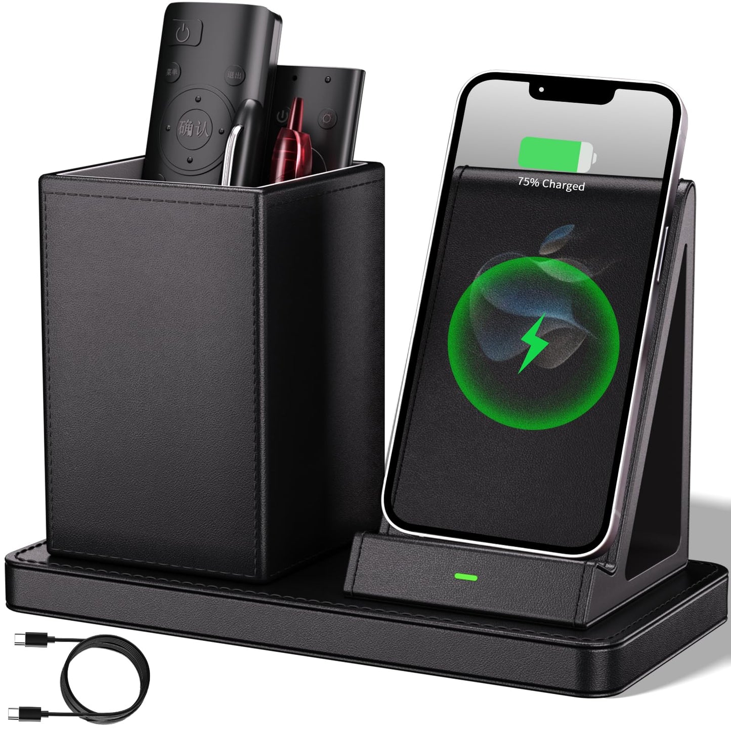 Multi-Functional Pen Holder for Desk,Black Vegan Leather Desk Organizers with Remote Control Holder,Pencil Holder for Desk,Desk Organizer with Phone Wireless Charger for Office/Nightstand/Endtable
