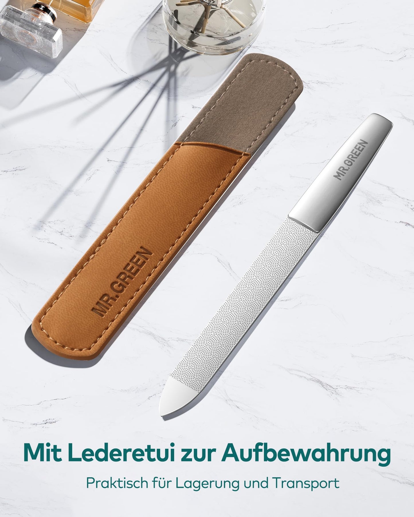 MR.GREEN Professional Double Sided Stainless Steel Nail File with Non-Slip Handle and Leather Case, Pointed Nail Buffering Files Washable