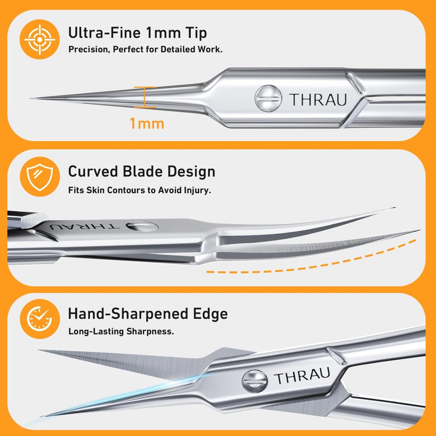 THRAU Cuticle Scissors Extra Fine for Manicure and Pedicure, Curved Blade Nail Scissors, Precise Pointed Tip Grooming Kit for Eyebrow, Eyelash, Trim Nail and Dry Skin, Small Scissors