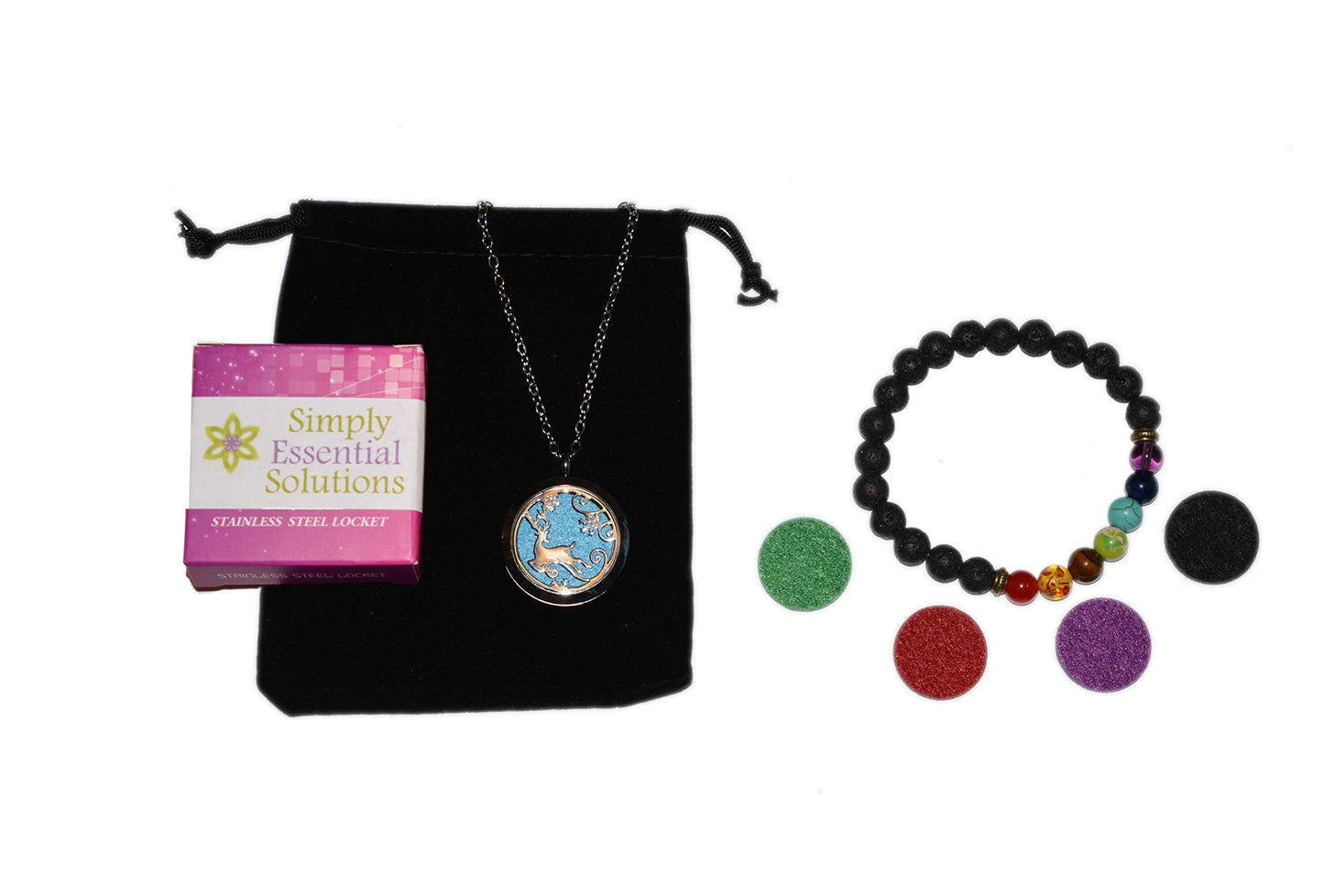 Aromatherapy Essential Oil Diffuser Stainless Steel 30MM Silver Magnetic Locket Pendant 2 Sizes Chain Necklace, Refill Pads & Diffuser Bracelet in a Velvet Bag (Flying Winter Deer)