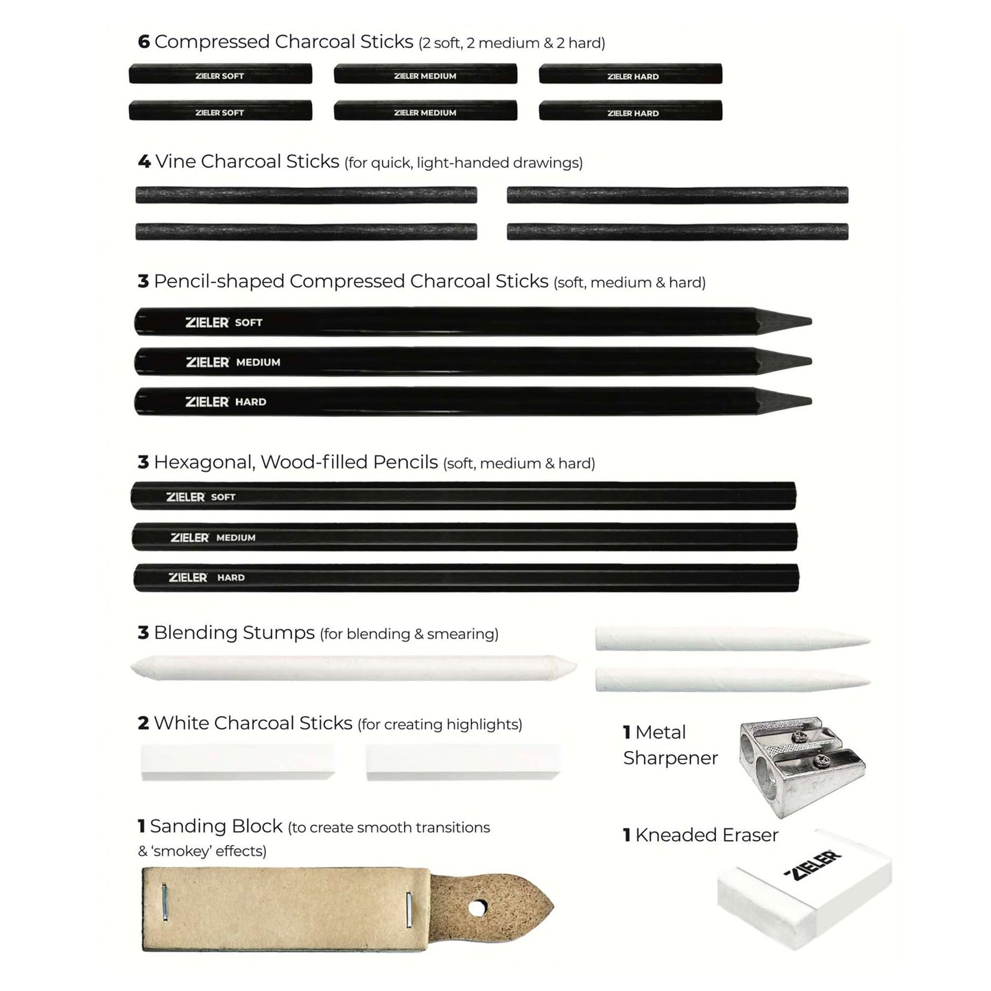 Zieler Artists Charcoal Drawing Set | 24-piece Gift Tin Set | The Ideal Starter Set