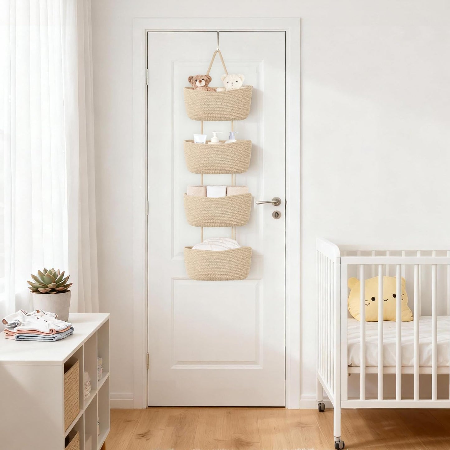 Dahey Over The Door Hanging Basket 4-Tier Woven Boho Wall Mounted Storage Organizer with Hooks for Bedroom Nursery Bathroom Apartments Dorm Pantry Decor, Jute