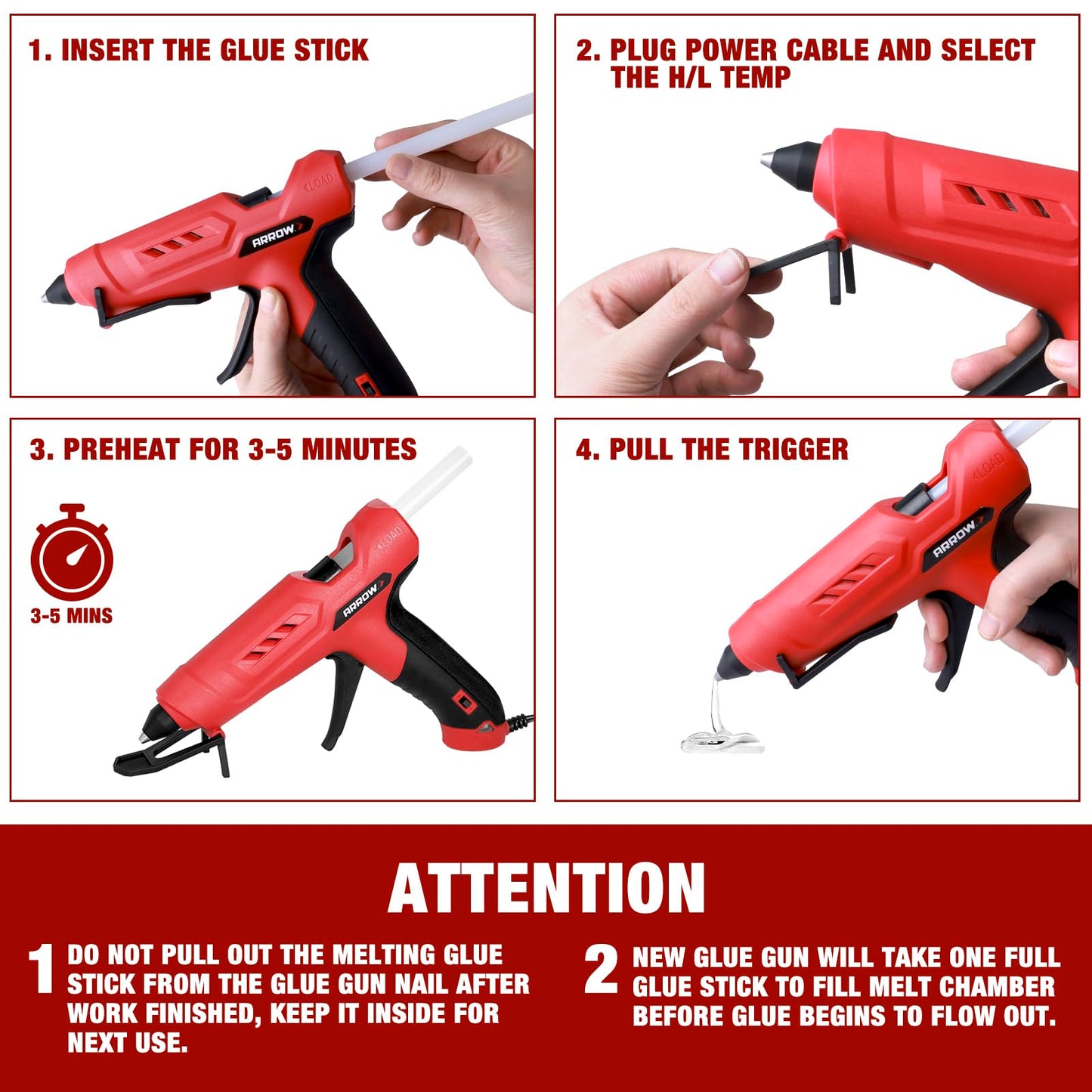 Arrow Full Size Dual Temp Glue Gun Kit with 12 Sticks - Professional, High/Low Temperature, Fast Heating, Heavy Duty with Stand for Décor, Crafts, Repairs, Construction