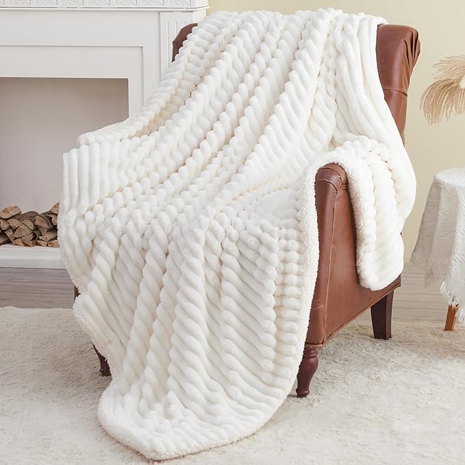 INFIIXSO Sherpa Throw Blanket for Couch - Super Soft & Warm Striped Fleece Blanket, Cozy Plush Fluffy Blanket All Season Use (Off White, 50x60 Inches)