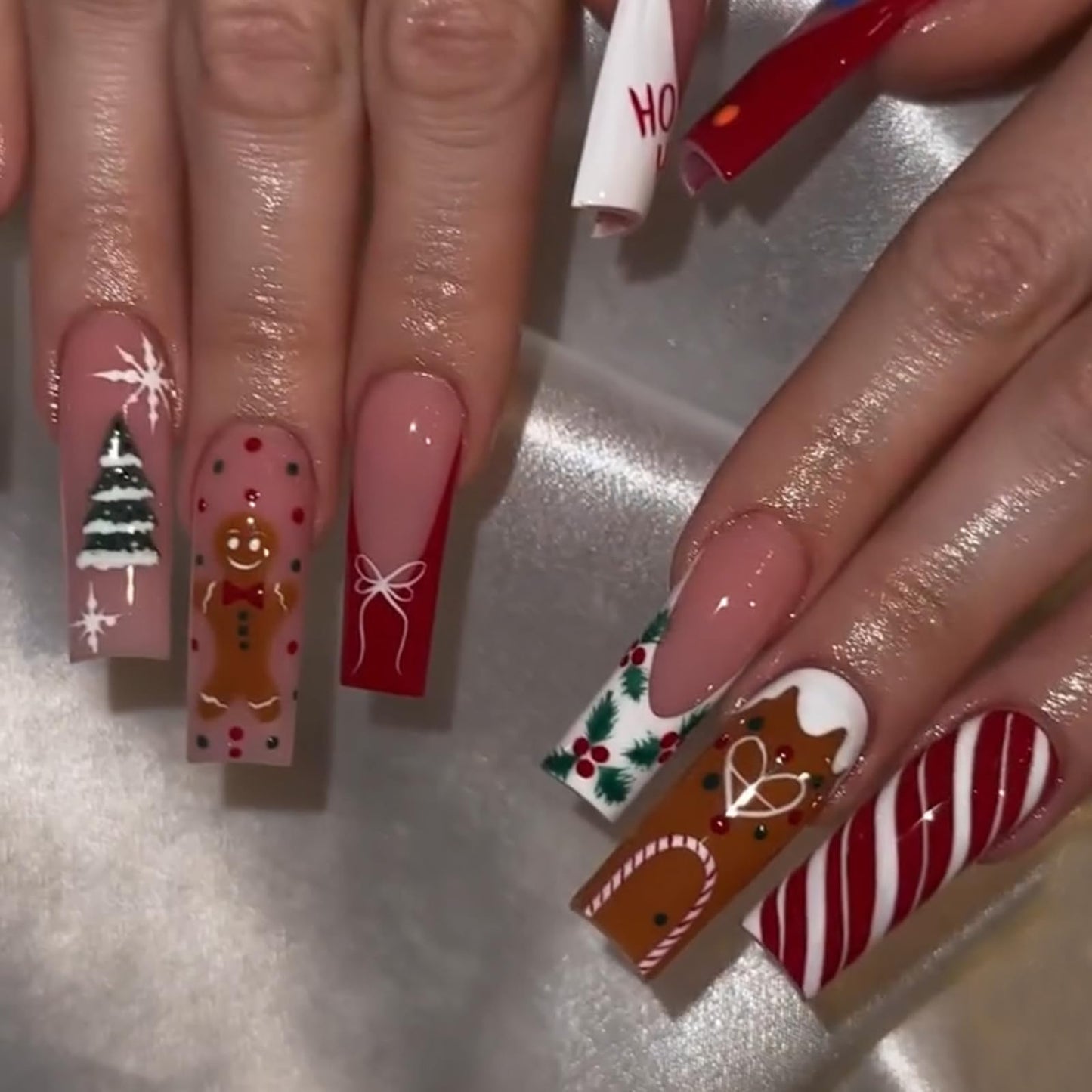 IMSOHOT Christmas Press on Nails Long Square Fake Nails Xmas Red False Nails Full Cover Acrylic Winter Cute Stick on Nails for Women 24Pcs