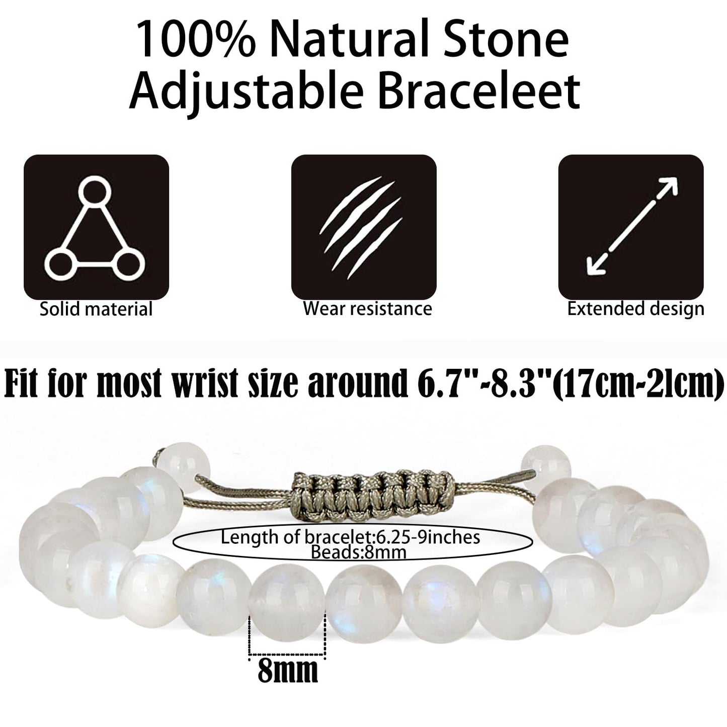 QOGIR Handmade Healing Stones Bracelet,8mm Natural Rainbow Moonstone Gemstone Beaded Bracelet,for Men Women Gifts with 2PCS Size Adjustable Rope Bracelets