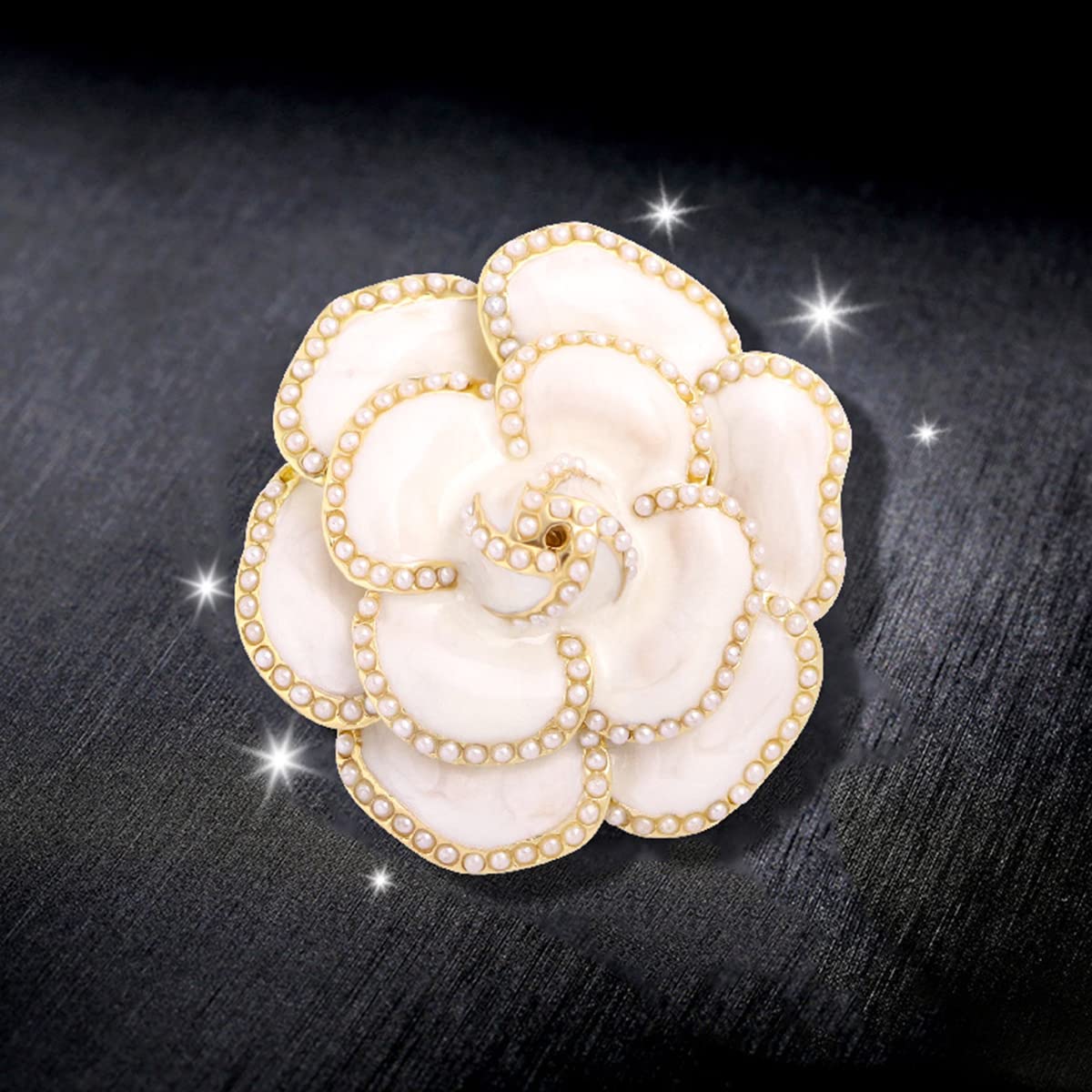 Enamel Camellia Pearl Brooch - Elegant Petal Pin Wedding & Party Brooch Gift (White)