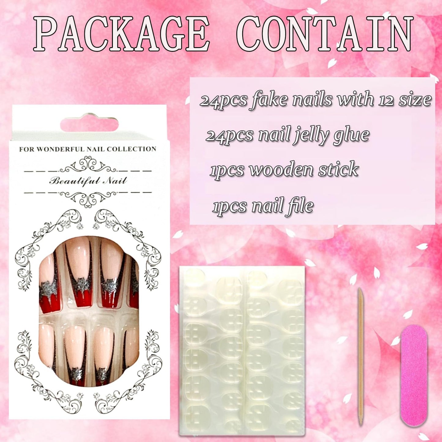 Vezocim Red Press on Nails Coffin Long French Tips Glossy Full Cover Acrylic Square Fake Nails with Bat Designs Extra Long Artificial False Nails Glue Stick on Fingernails with Charm for Women