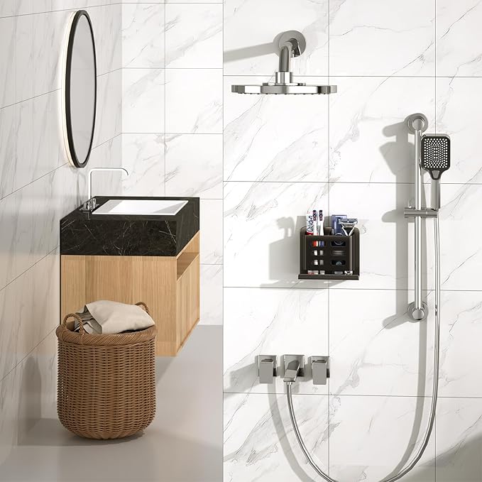 Black Wall-Mounted Toothbrush Holder, Aluminum Material Shower Shaver Storage Rack, No Drilling Required, Removable Toothpaste Storage Rack