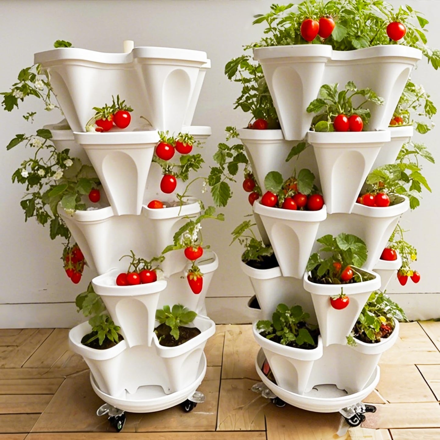 Lykvrii Strawberry Planters, 7 Tiered Vertical Stackable Planter, Herb Stacking Tower Garden, Flower Vegetable Planters with Support Pole, Indoor & Outdoor with Removable Wheels - White