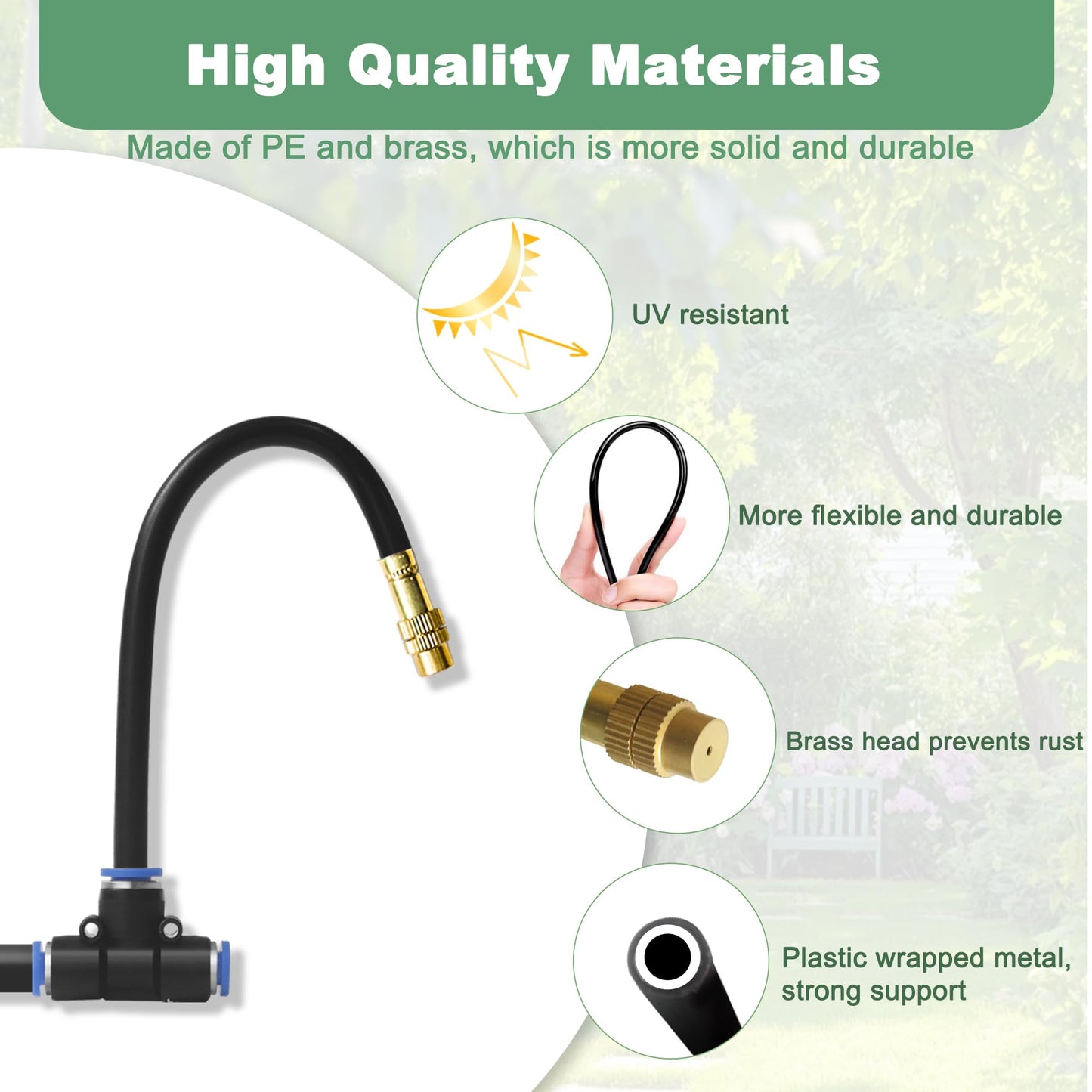 Quibbay 360° Adjustable Drip Irrigation System Kit, 32.8FT Automatic Garden Watering System with 10 Copper Nozzles, Atomizing Misting Watering System with 360° Bending Dropper for Plant Lawn Patio