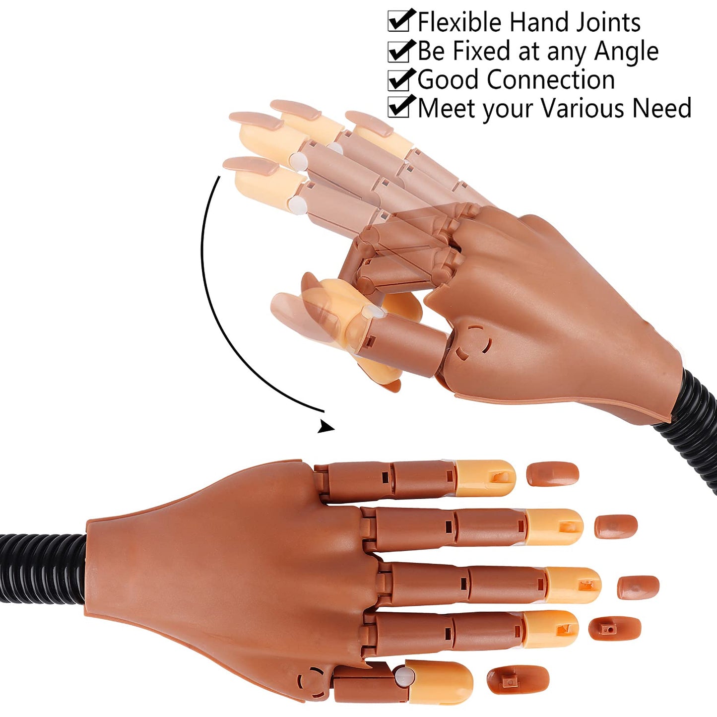 LIONVISON Practice Hand for Acrylic Nails - Flexible Movable Practice Nail Hand with 100 Pcs Refill Nail Tips