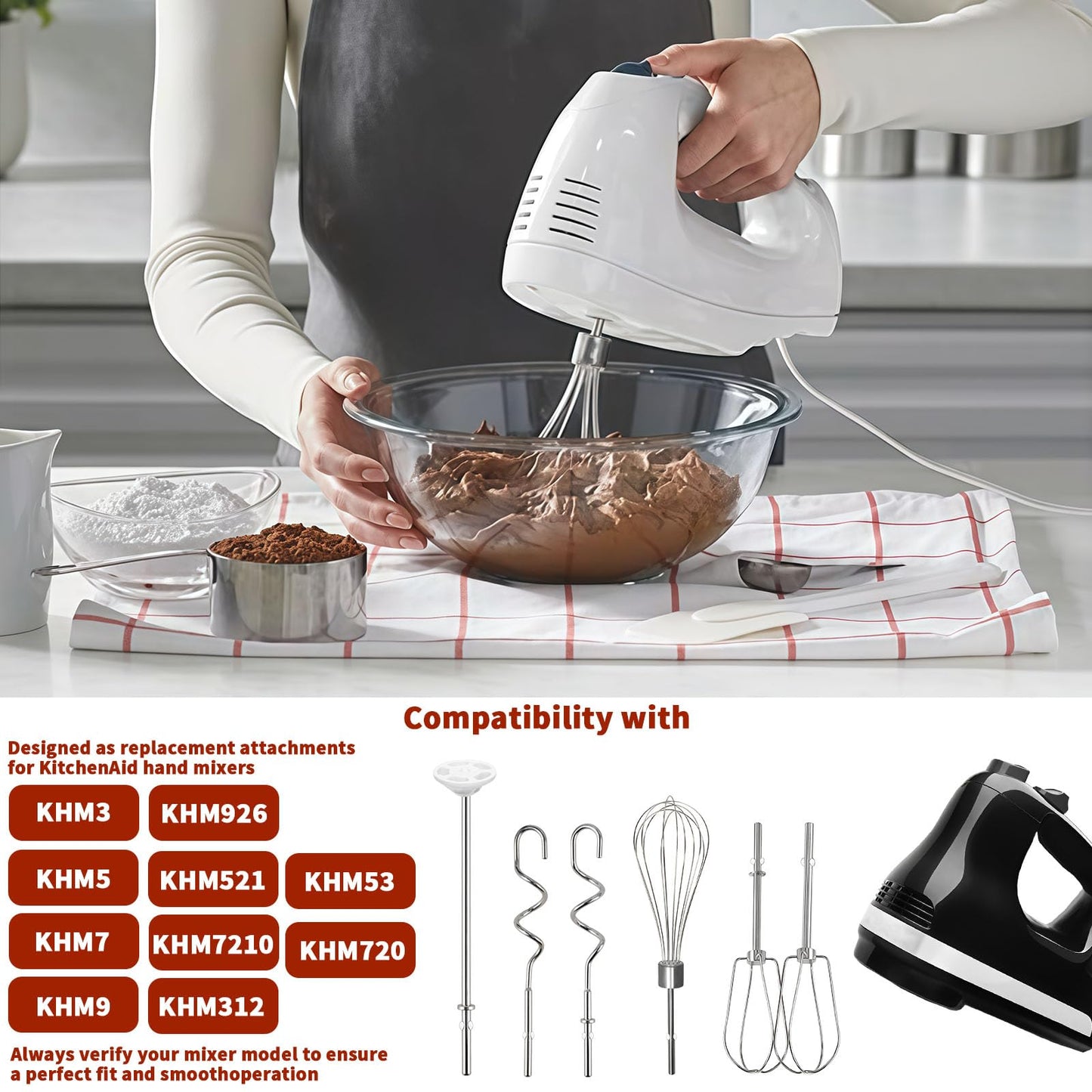 Hand Mixer Beaters Attachments for KitchenAid KHM512 KHM6118 KHM7210 KHM926, Including Turbo Beater, Pro Whisk, Dough Hooks, Blending Rod, Set of 6