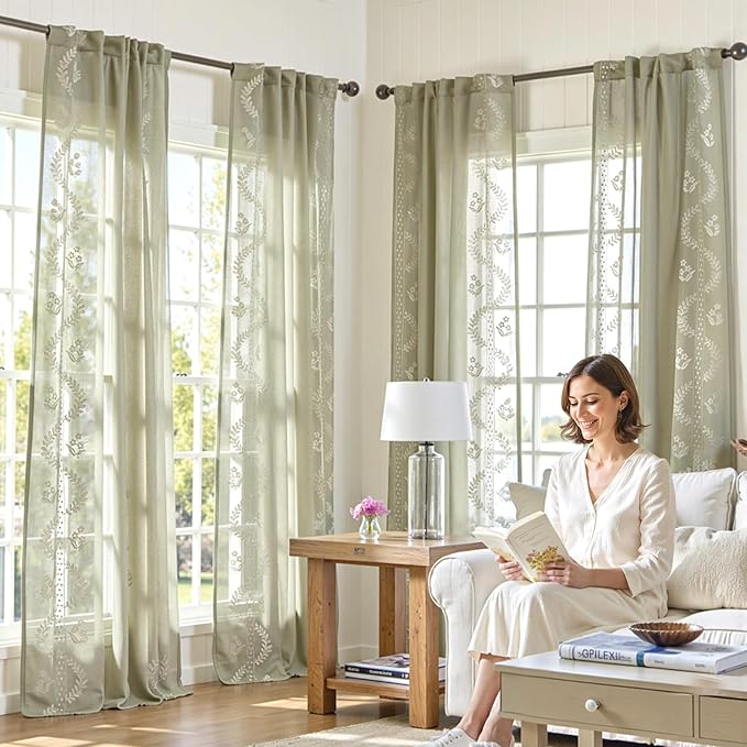 jinchan Belrose Sage Green Floral Sheer Curtains for Living Room 96 Inch Long Voile Embroidered Farmhouse Curtains for Bedroom Ivory Flower Patterned Rod Pocket Window Treatments, 2 Panels Green