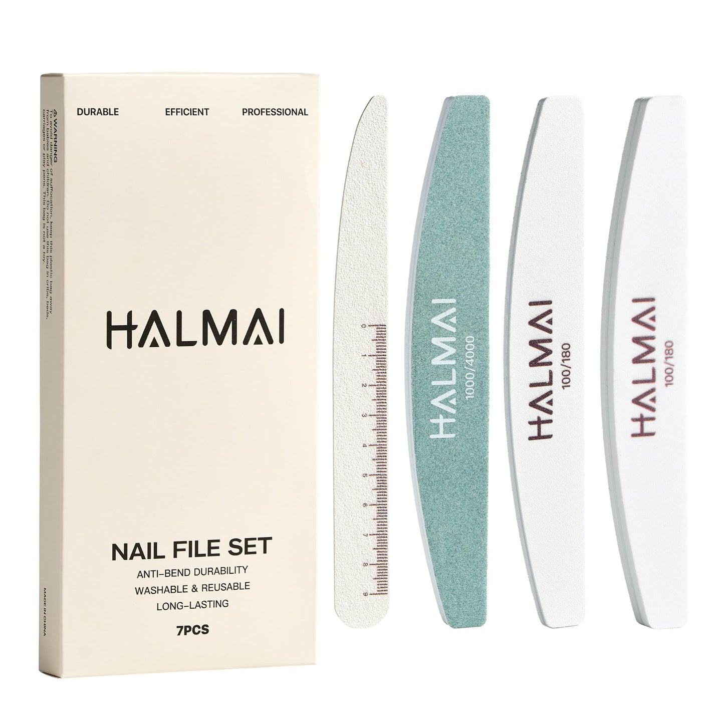 HALMAI 7PCS Professional Nail File & Buffer Kit,100/180 Grit - Reusable Double Sided Manicure Set with Nail Shiner, Sponge & Knife Files, for Natural, Acrylic Nails at Home or Salon