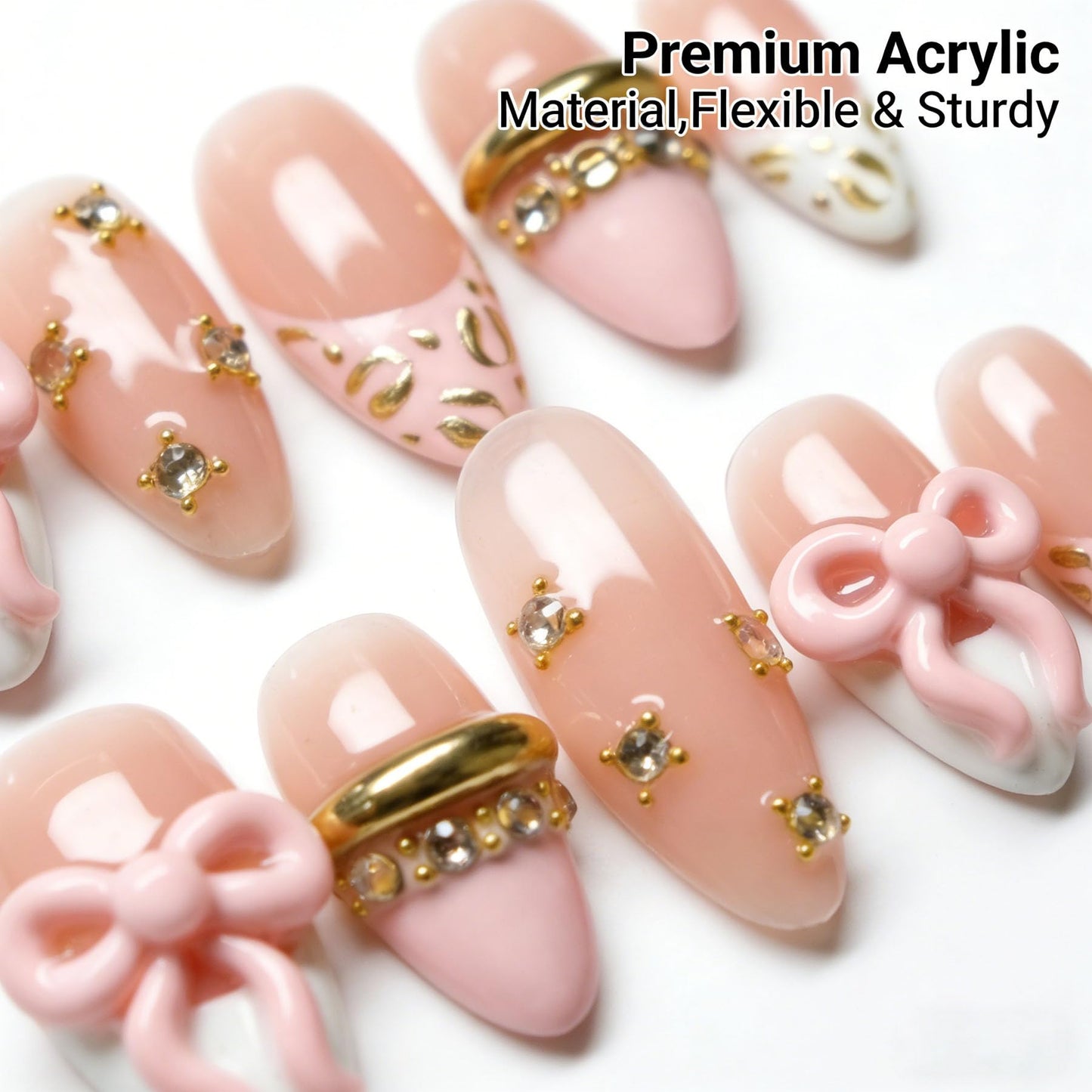 Handmade Press on Nails Almond Shape 3D Cute Glue on Nails for Women, Luxury Homemade Press on Nail Art Design, Fake Nails with 3D Nail Charms Size M 12