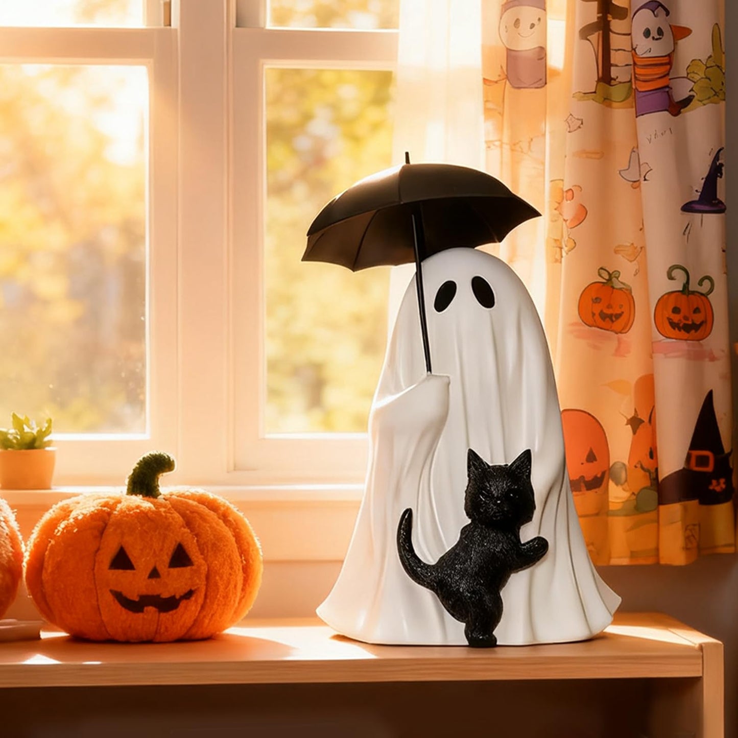 YYPLIAN Ghost Holding Black Cat Statue Halloween Ghost Figurines, Ghost Cat with Umbrella Figure for Home Tabletop Funny Decoration (Ghost Holding Umbrella)