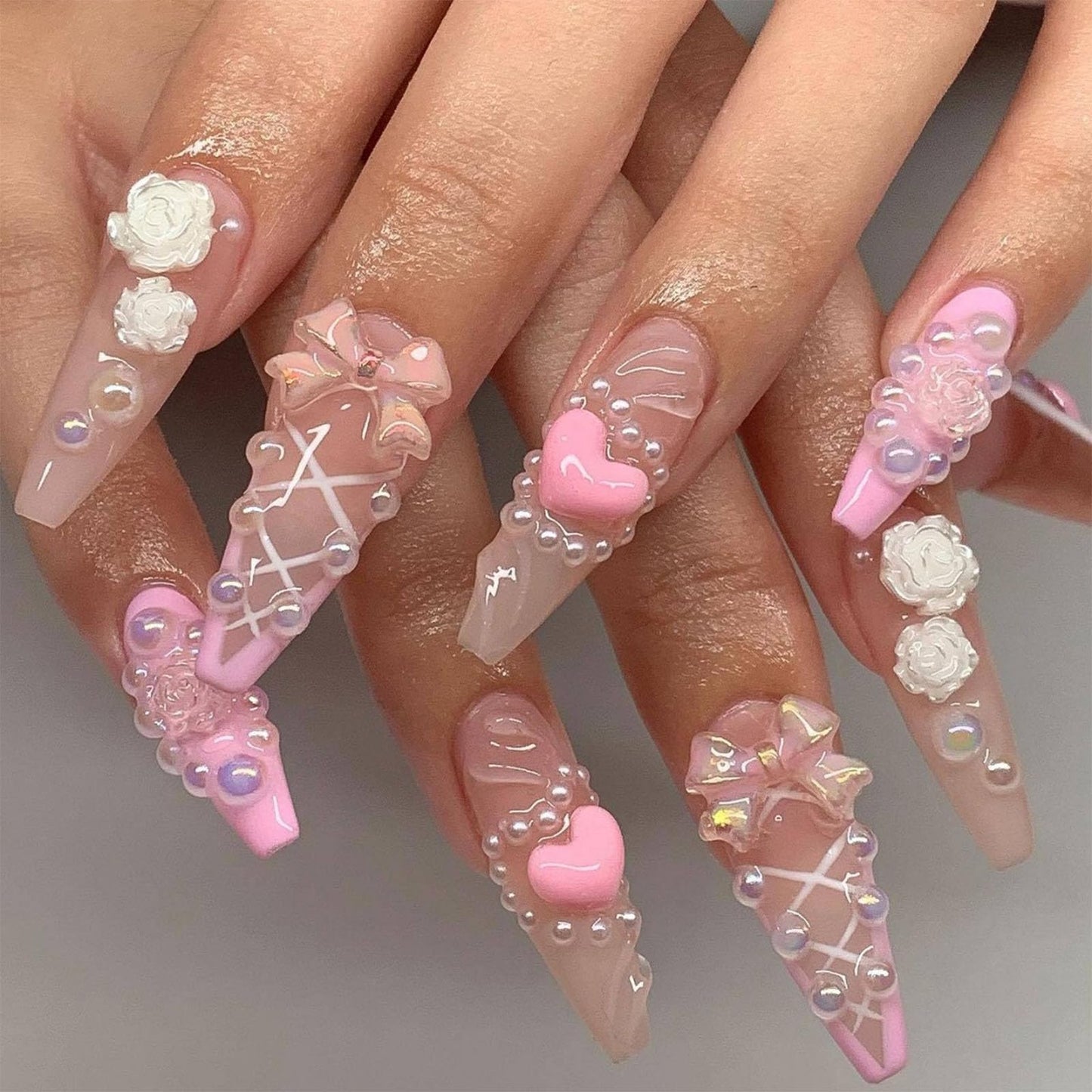 IMRAIN Valentine's Day Press on Nails Long Coffin Fake Nails Pink French Tips Glossy Glue on Nails Full Cover Cute Heart & Bow Designs Artificial Stick on False Nails