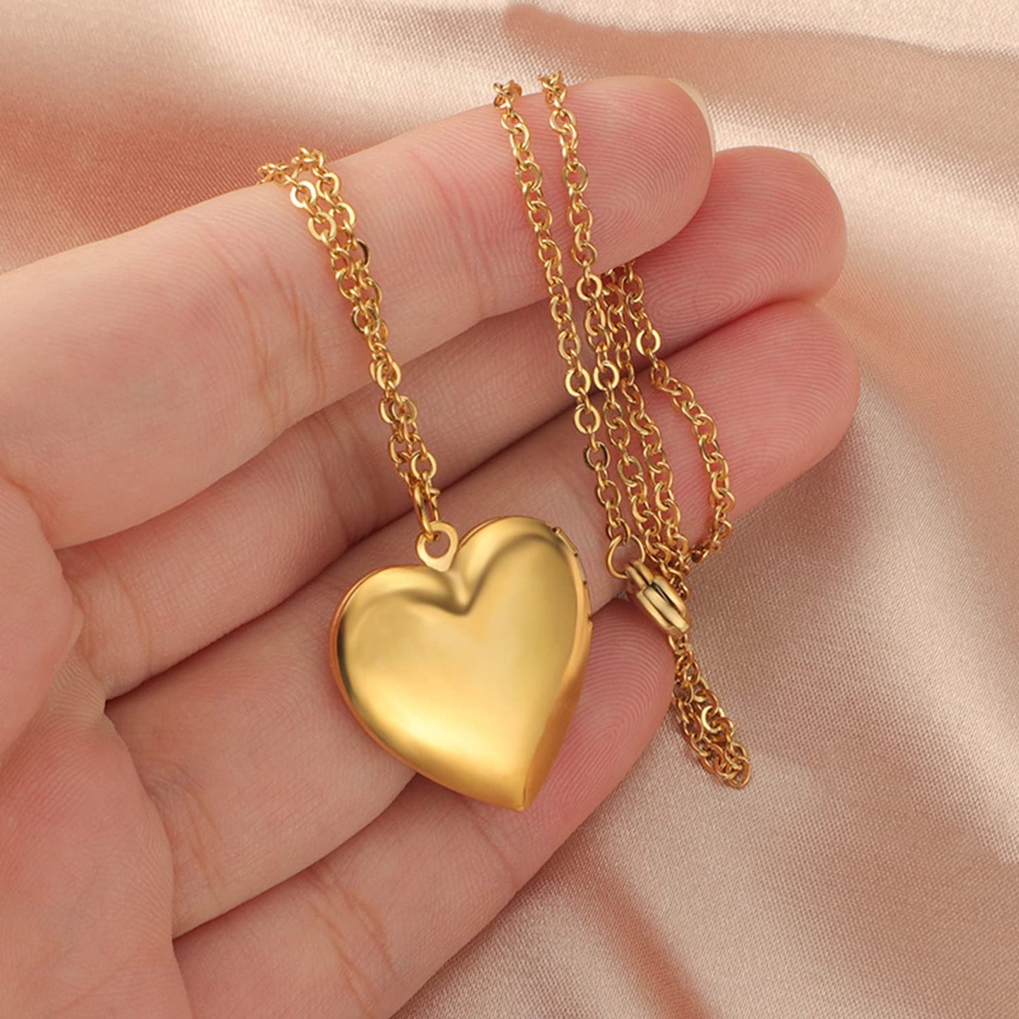 PHOCKSIN Glossy Gold Heart Lockets Personalized Locket Necklace for Women Custom Photo Picture Locket with Text & Symbols Engraved Customized Gifts