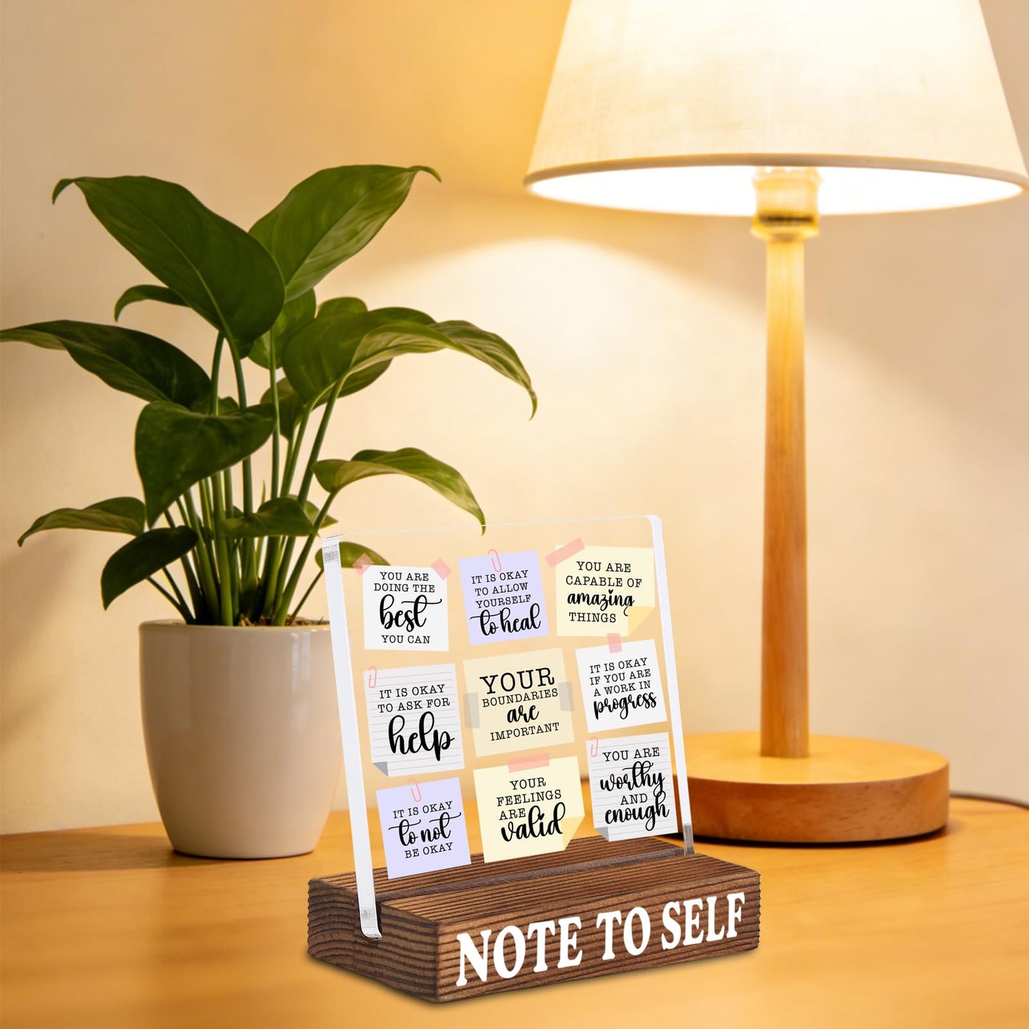Inspirational Desk Decor with Positive Self Reminder, Acrylic Note Style Sign with Rustic Wood Base, Encouragement Gift for Home Office Coworker Friend SNOTE10