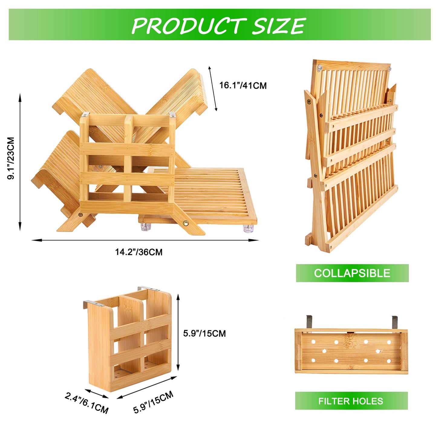 NOVAYEAH Bamboo Dish Drying Rack with Utensil Holder, Collapsible Wooden Dish Drainer Rack, 3-Tier Large Folding Drying Holder for Kitchen Counter 51 pcs Grid