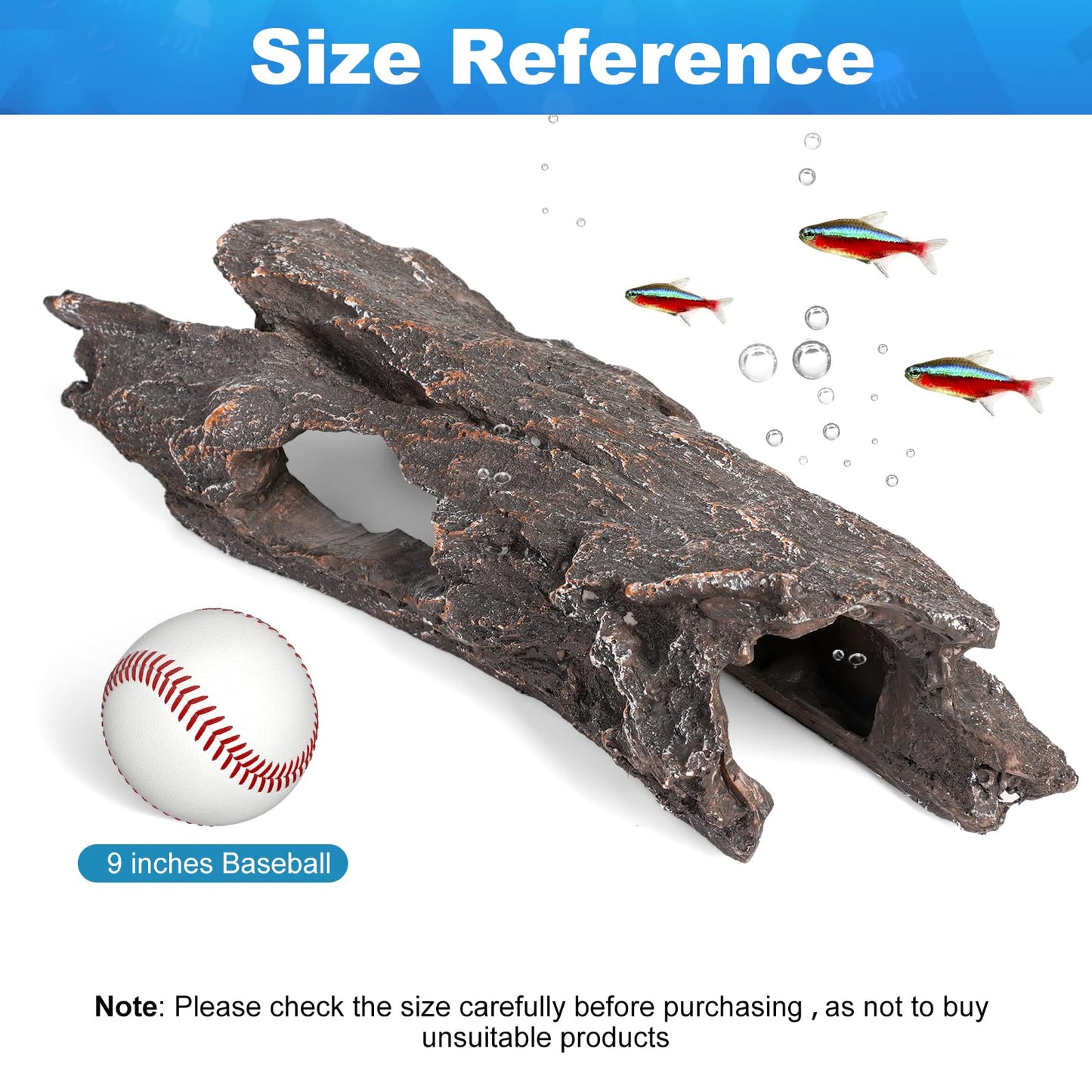 TRUVIC Fish Tank Decorations - Aquarium Cave Decor, Resin Hollow Tree Trunk Reptile Hide & Betta Log Hideout for 20 Gallon Tank, Fish Accessories Shelter Cave