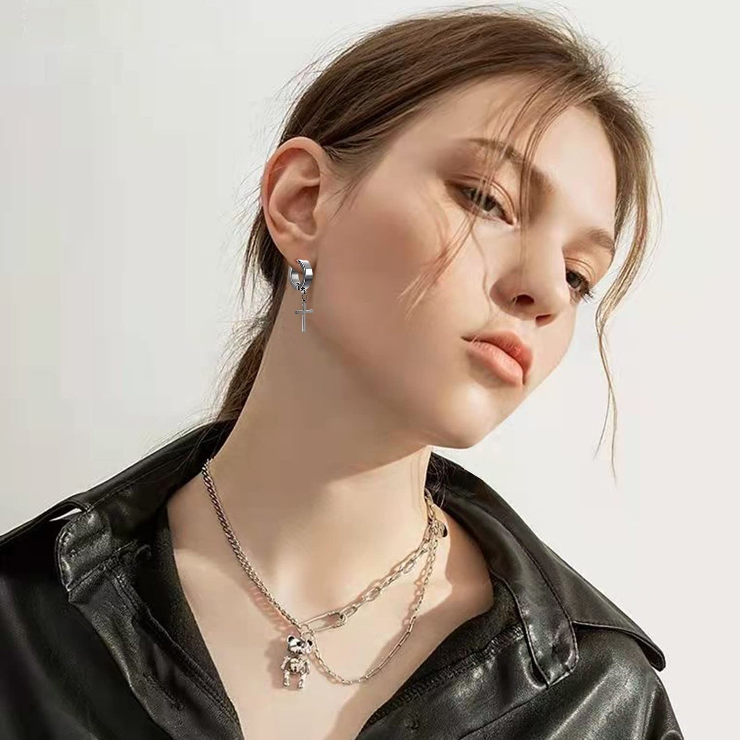 LEBOCADO Stud Earrings Set for Men Women, Non-Piercing Cross Dangle Hoop Earrings Unisex, Stainless Steel Magnetic Earrings Clip on Earring Set (10 Pairs)