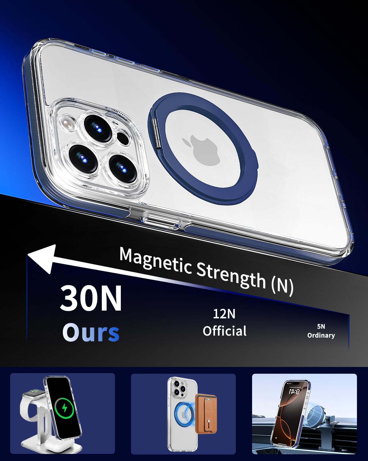 DecaStars Magnetic for iPhone 15 Pro Max Case with 360 Spin Stand [Compatible with MagSafe] [Military-Grade Protection] [Detachable Strip] Anti-Yellowing Slim Case for iPhone 15 Pro Max 6.7", Blue