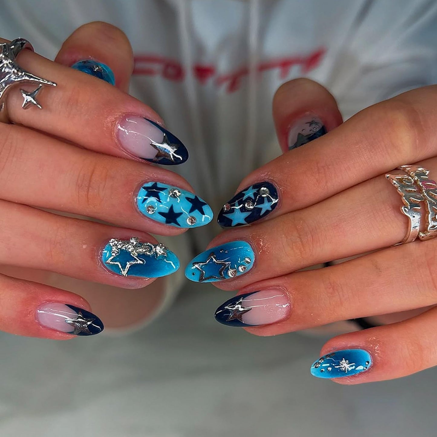 Almond Press on Nails Medium Fake Nails Blue Artificial Nail Seeneey Y2K and Silver Stars Designs Beach Stick on Nail for Women 24pcs