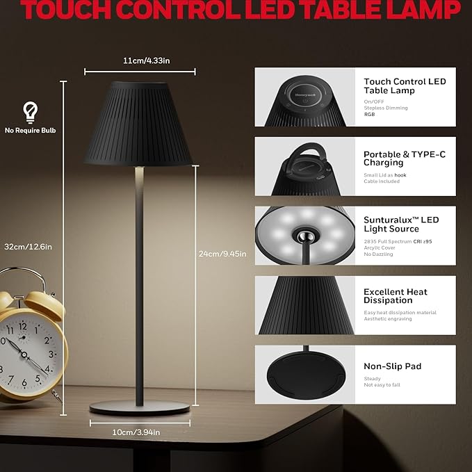 Honeywell Cordless Table Lamp Rechargeable, M1 Sunturalux Portable LED Desk Lamp 5200mAh Battery Operated 4Color 9RGB Dimmable Touch Control Night Light for Restaurant Living Bedroom Bedside Lamps